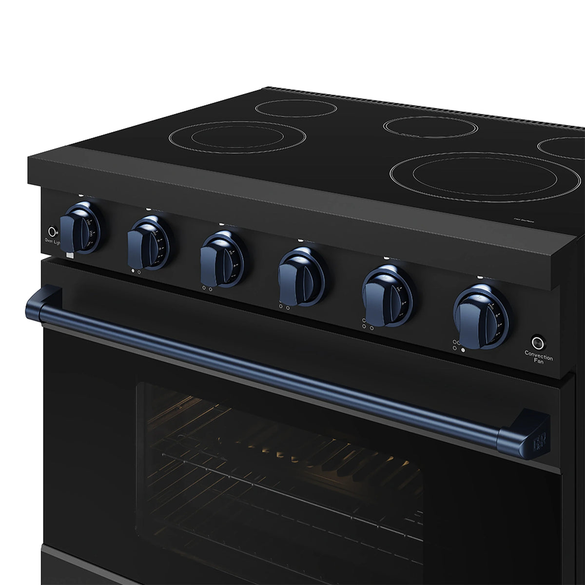 Close-up black electric range with blue control knobs and cooktop burner rings