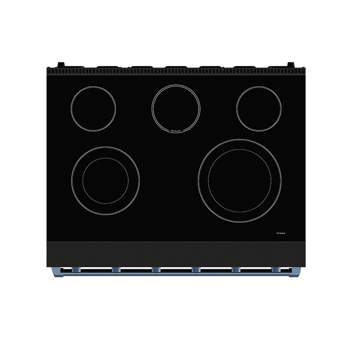 Black electric range front panel with six circular burner elements