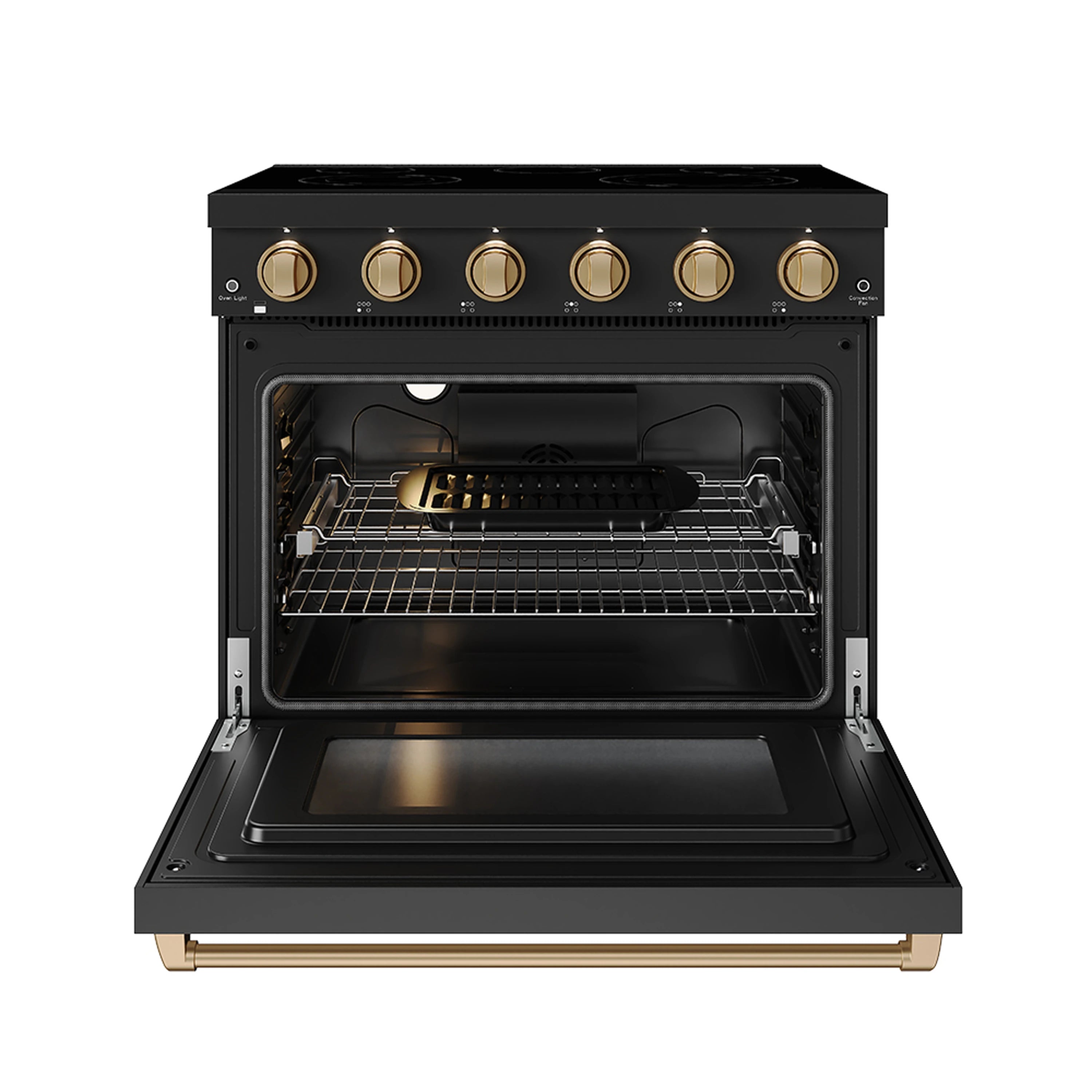 Black electric oven range with open door, wire racks, and bronzed control knobs