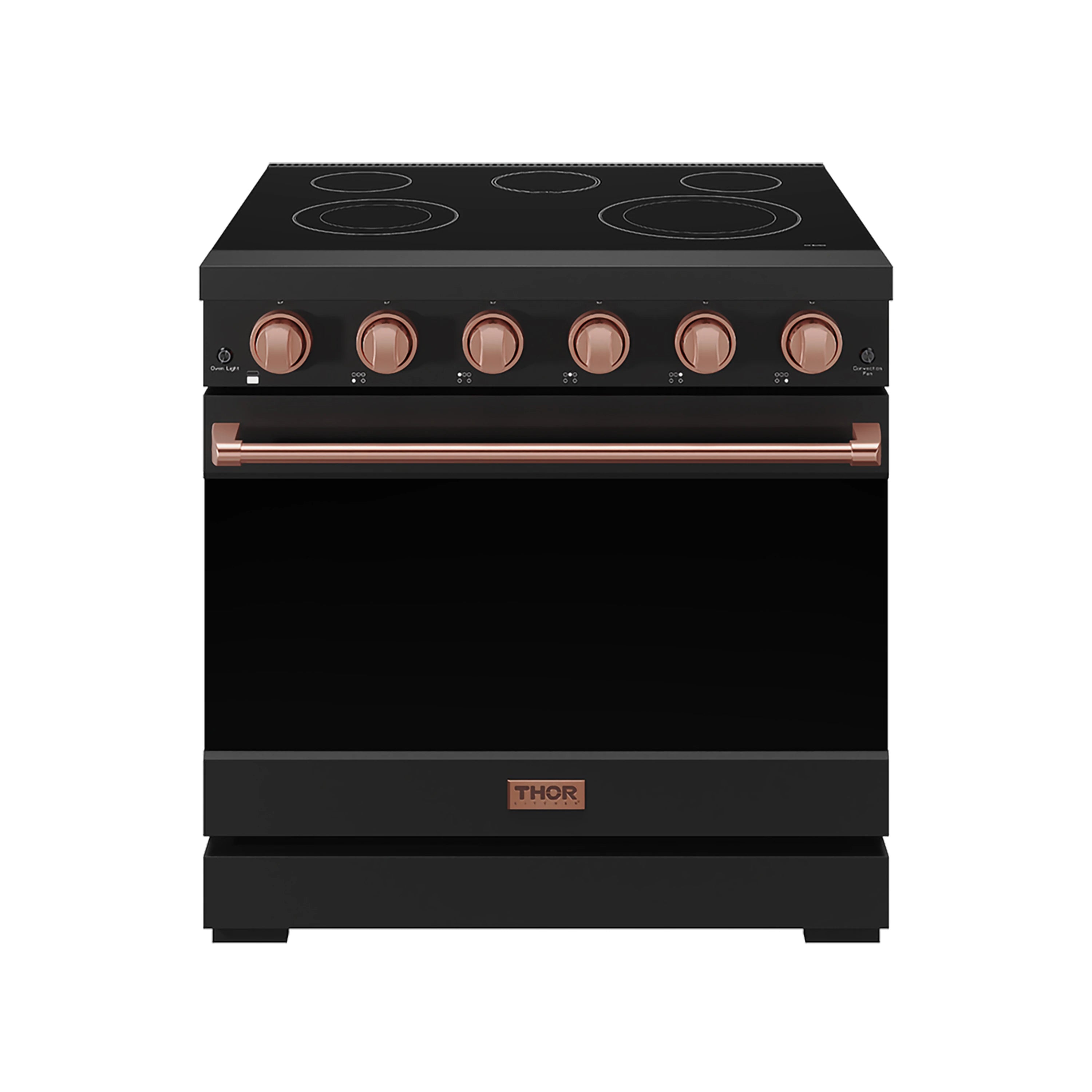 Black electric range front with rose gold knobs and handle bar, smooth cooktop above.
