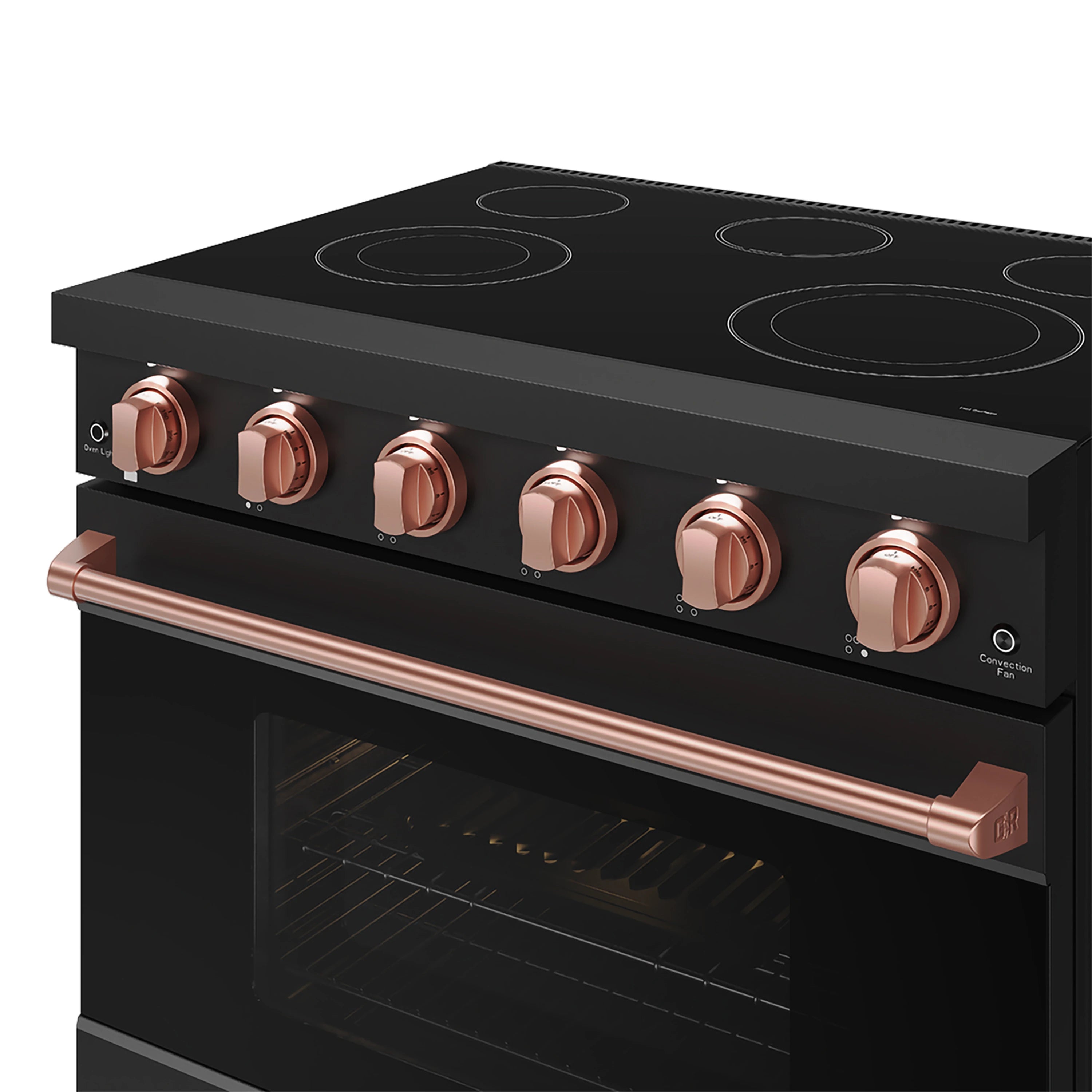 Black electric range front view with rose gold control knobs and long rose gold handle.