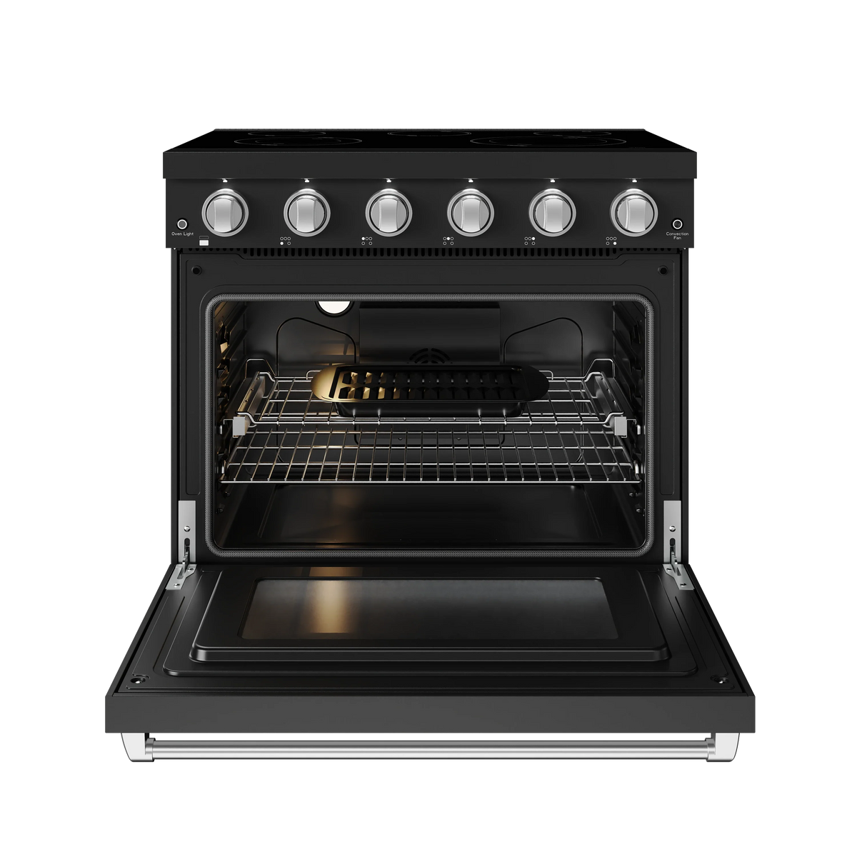 Black electric range with open oven door showing racks and interior light