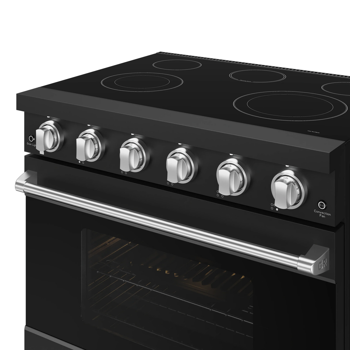 Black electric range cooktop and front panel with stainless control trim