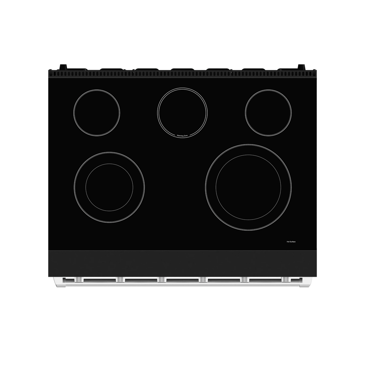 Black electric cooktop with 5 circular burner outlines and smooth glass surface