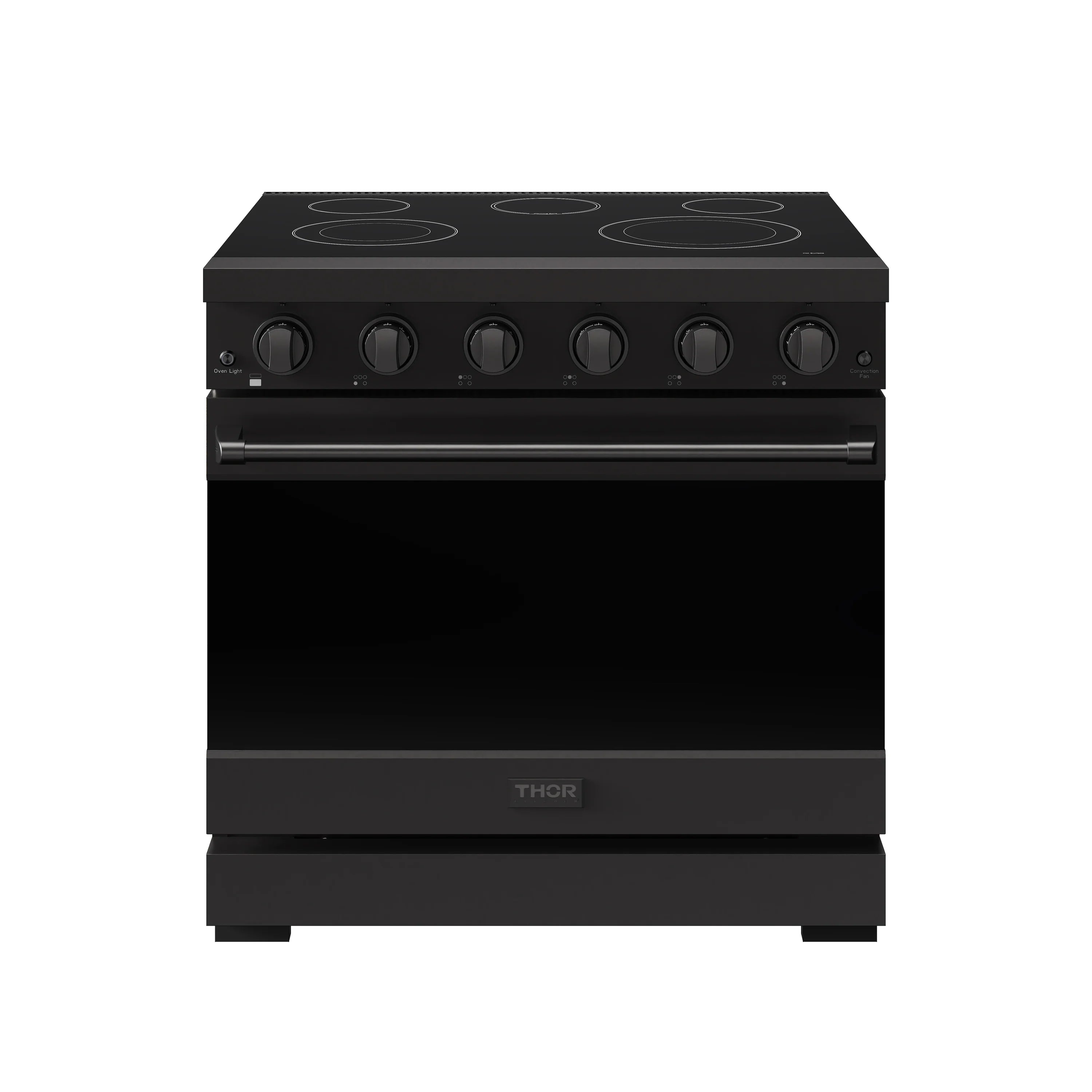 Black electric range with smooth cooktop burners and closed oven door with handle.