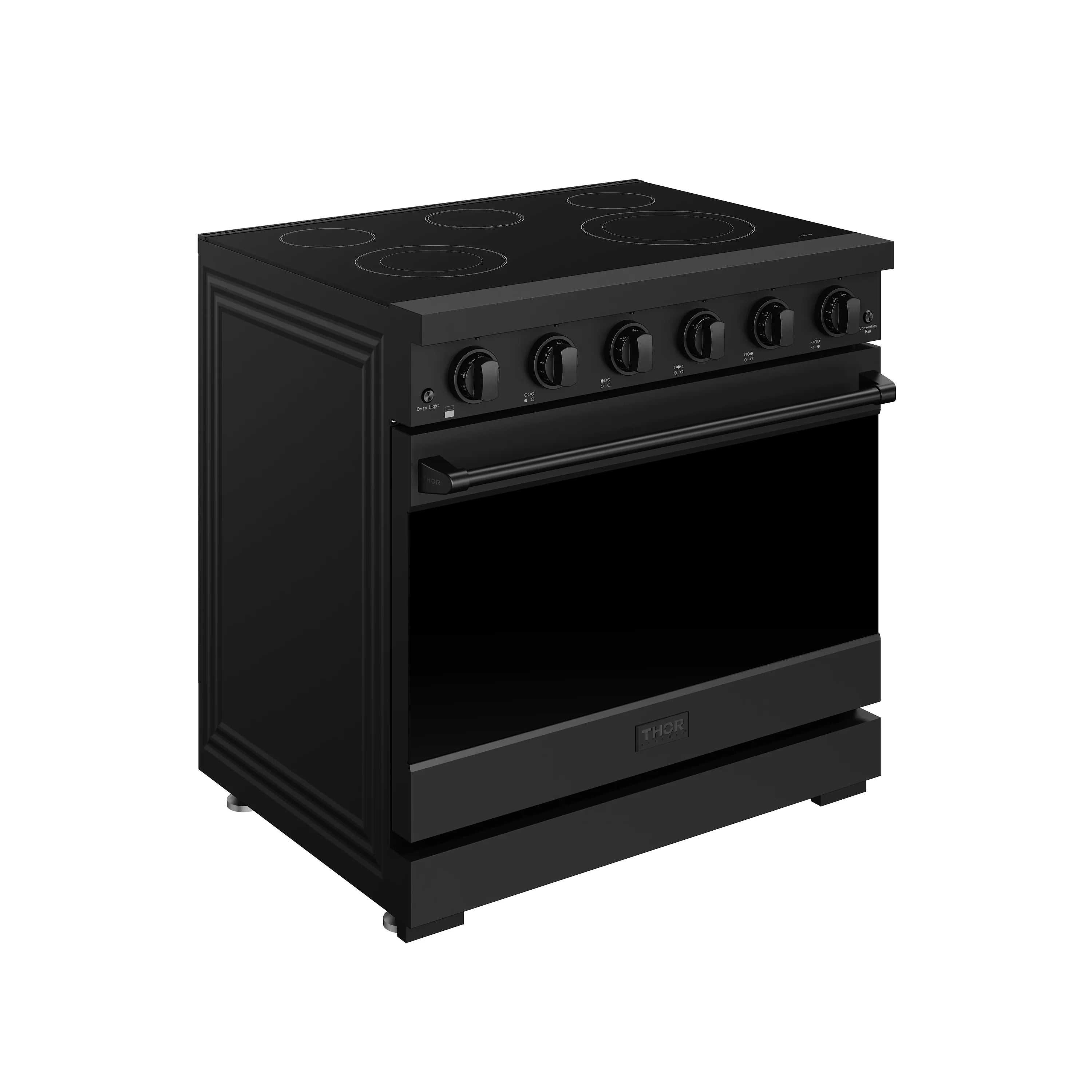 Black electric range with smooth cooktop, closed oven door, and front control panel.