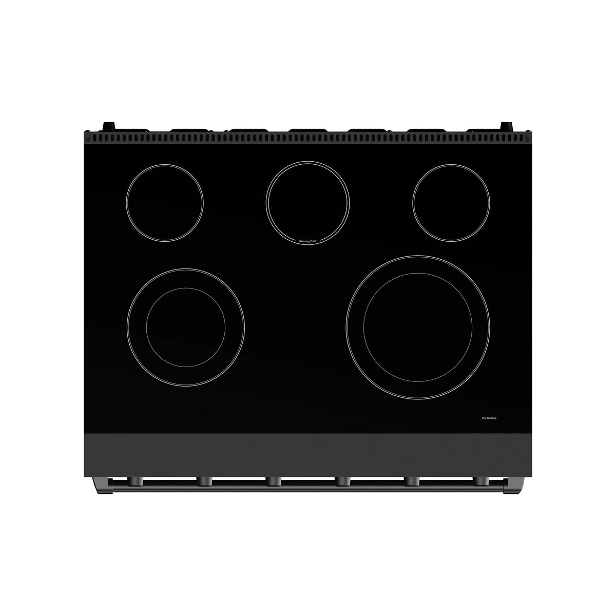 Black electric range rear cooktop panel with six circular burner outlines