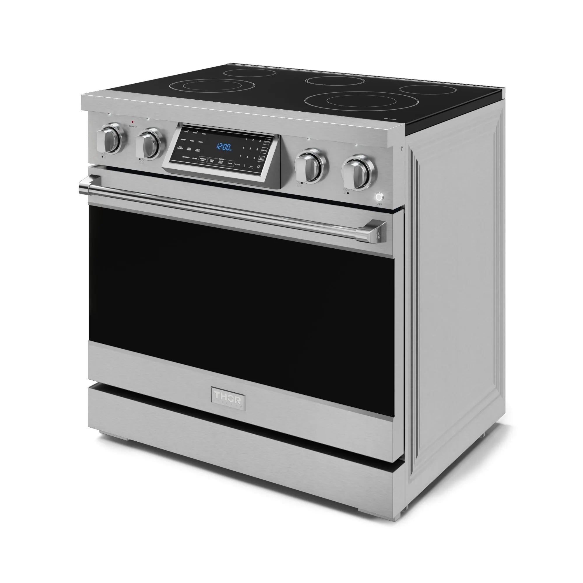 Stainless steel electric range with black cooktop, display panel, and four knobs