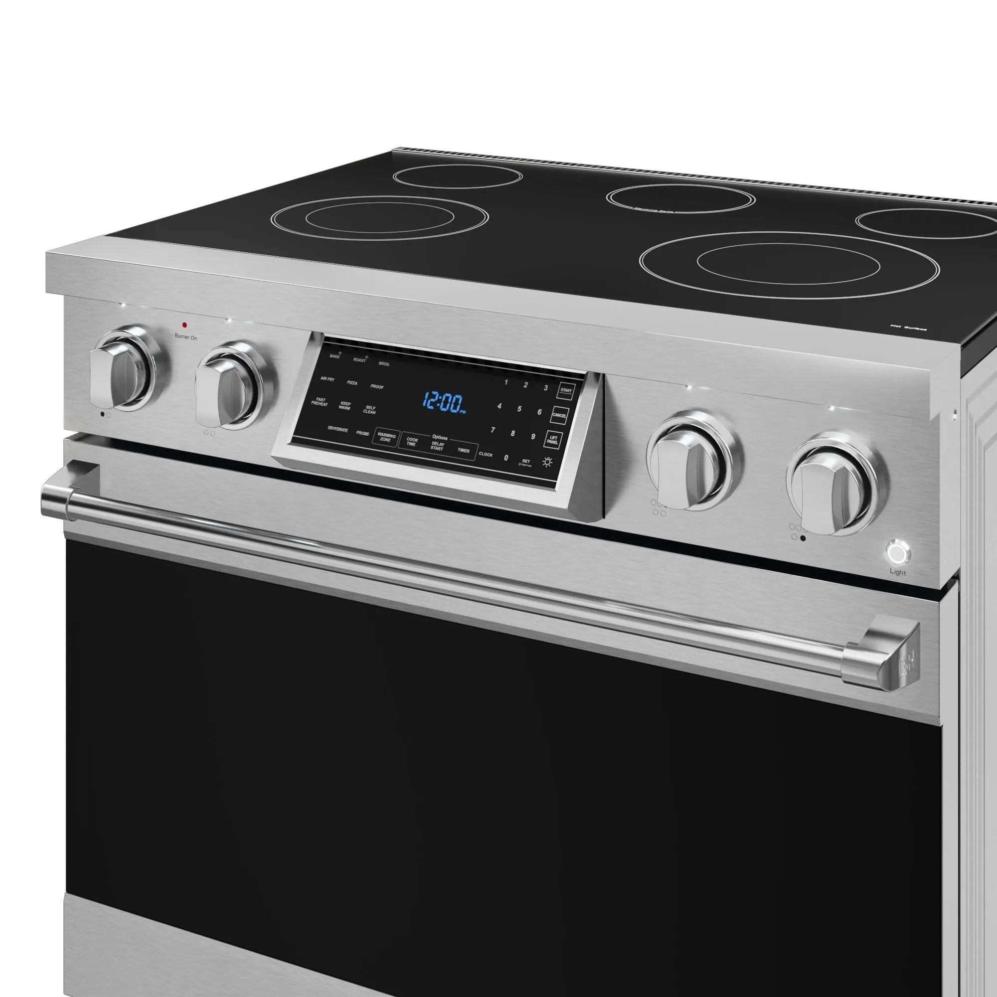 Stainless steel electric range front with black glass cooktop and digital display
