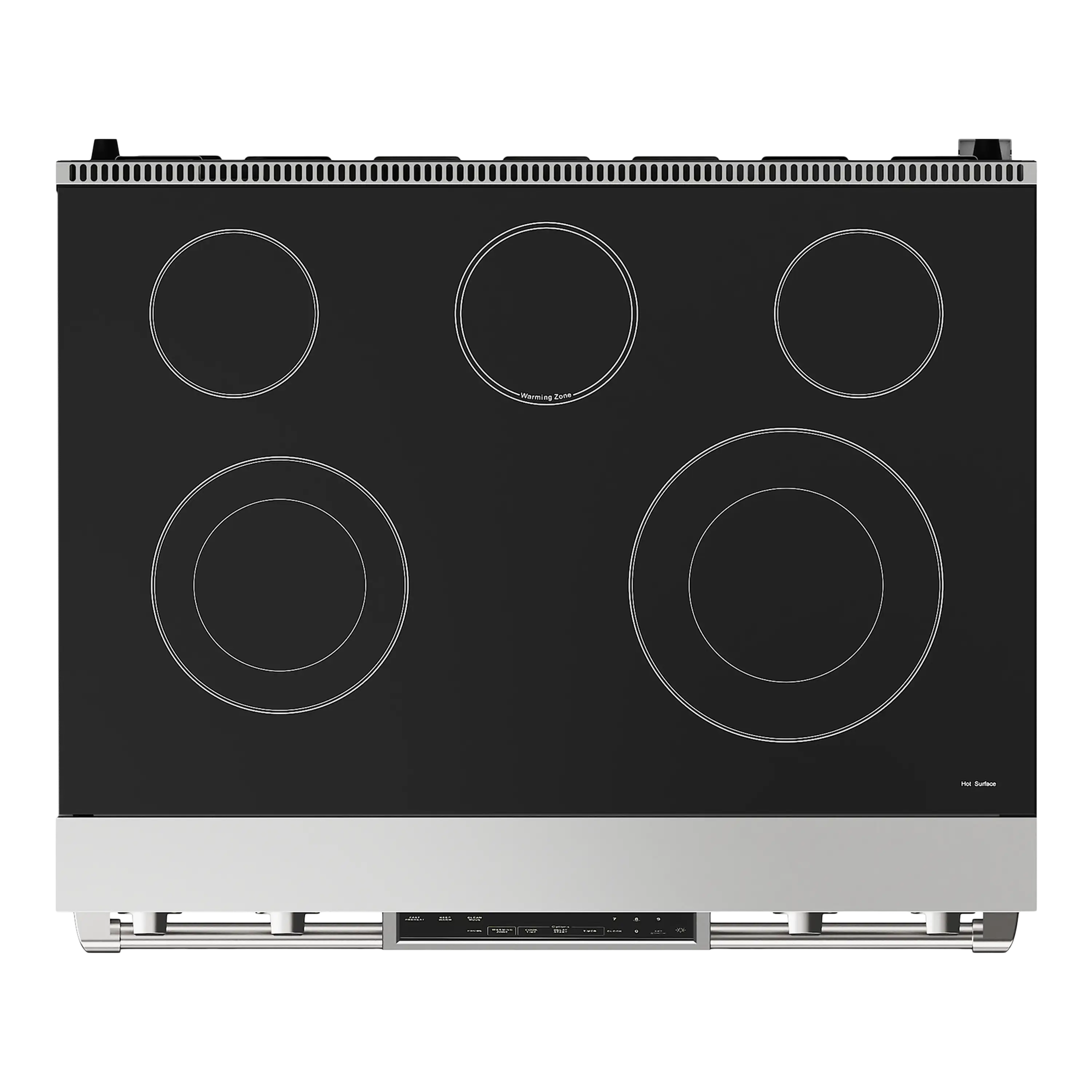 Electric range cooktop with five black ceramic heating zones, stainless control trim