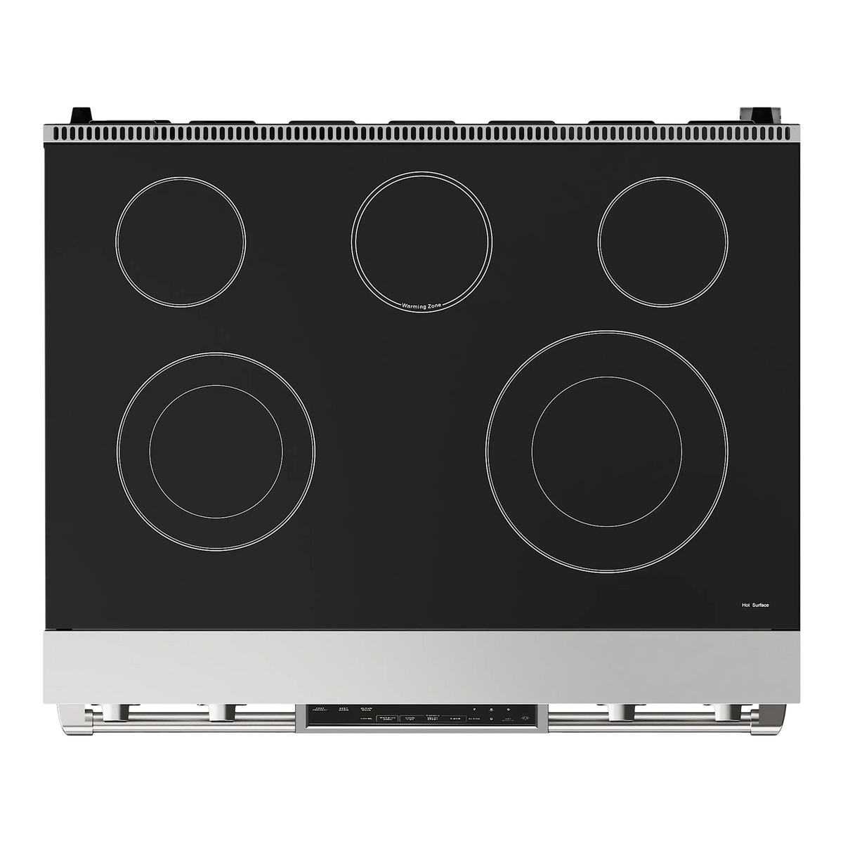 Black electric cooktop surface with five circular radiant elements and stainless frame