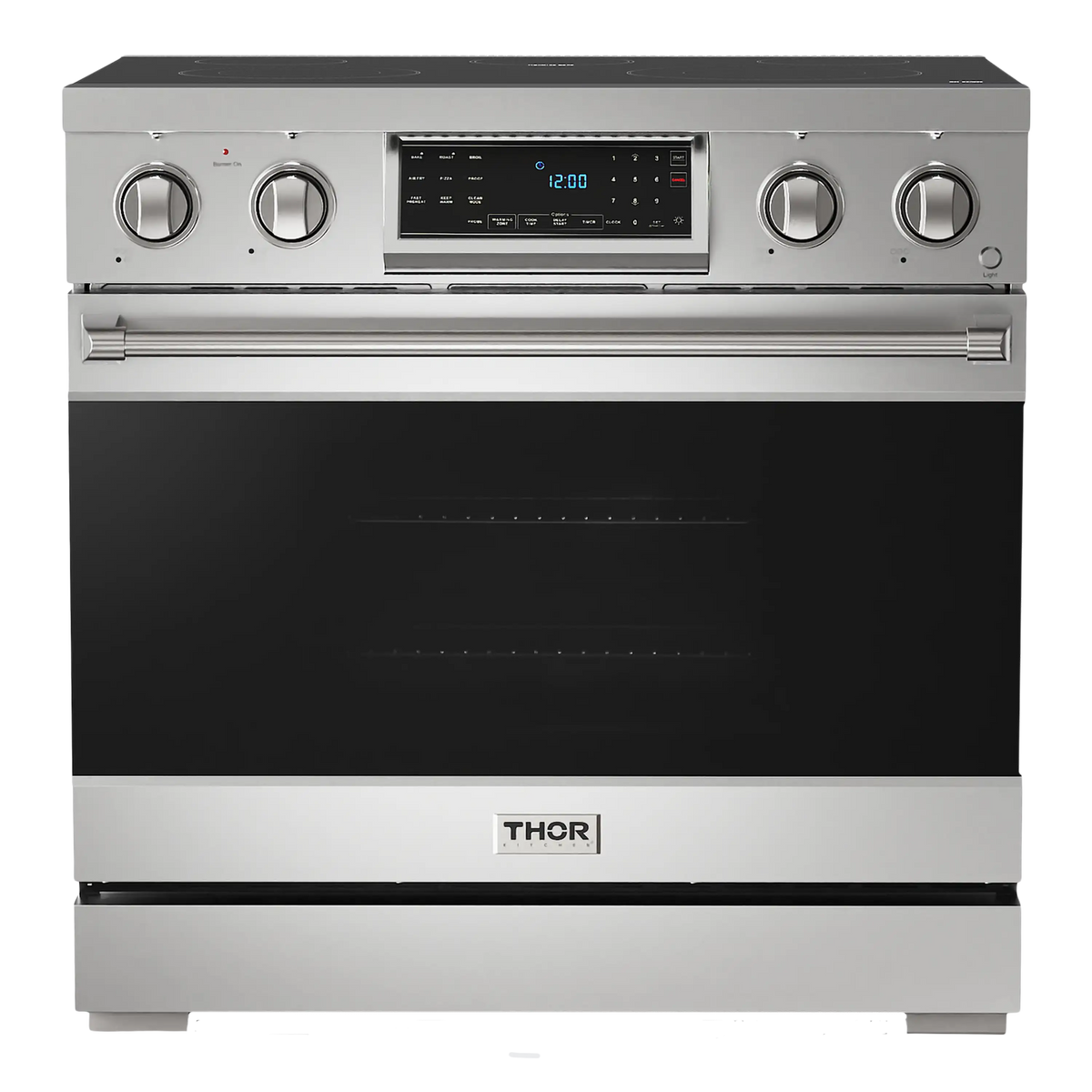 Stainless 36-inch electric range with four knobs, central control display, and oven door