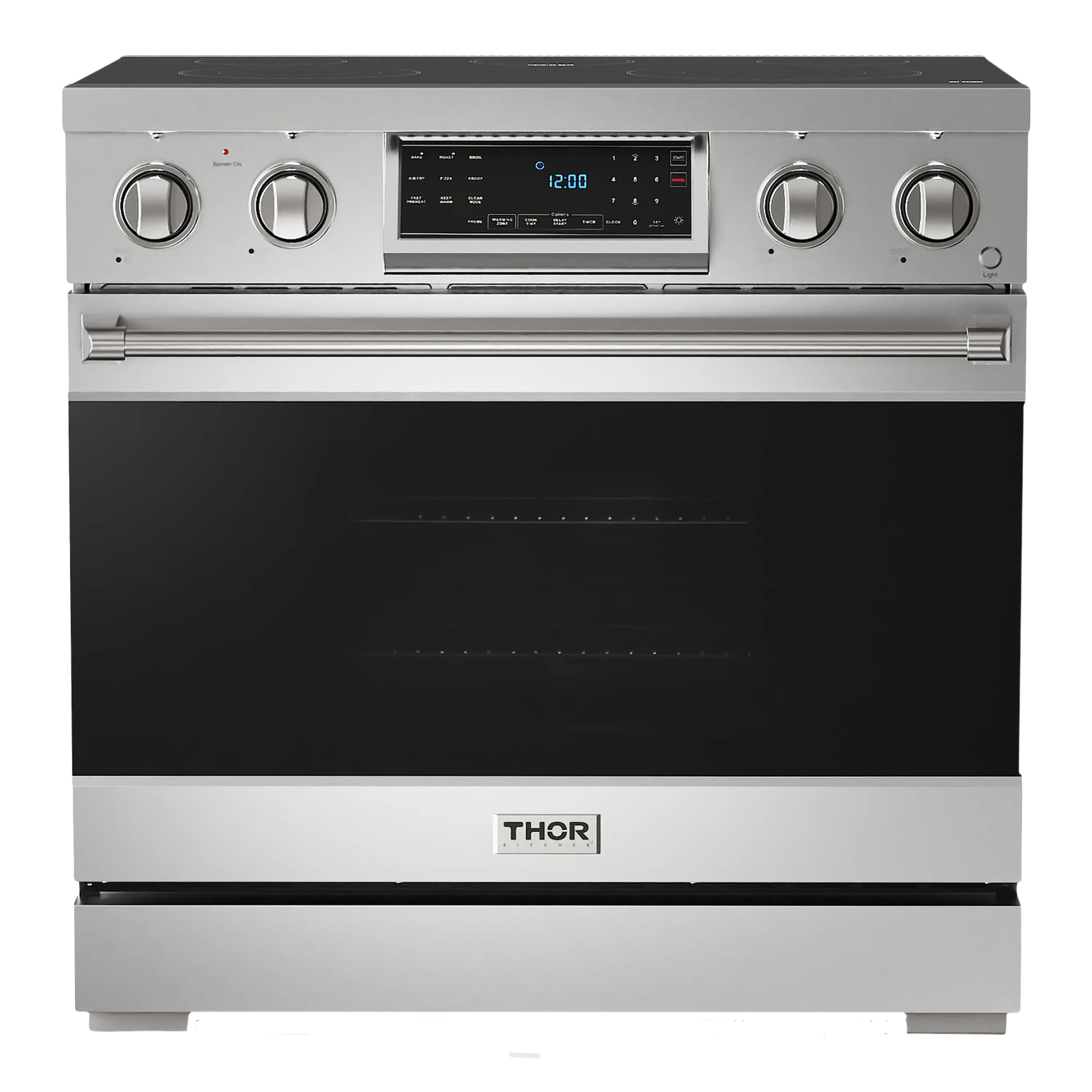 Stainless steel electric range with dual knobs and digital display