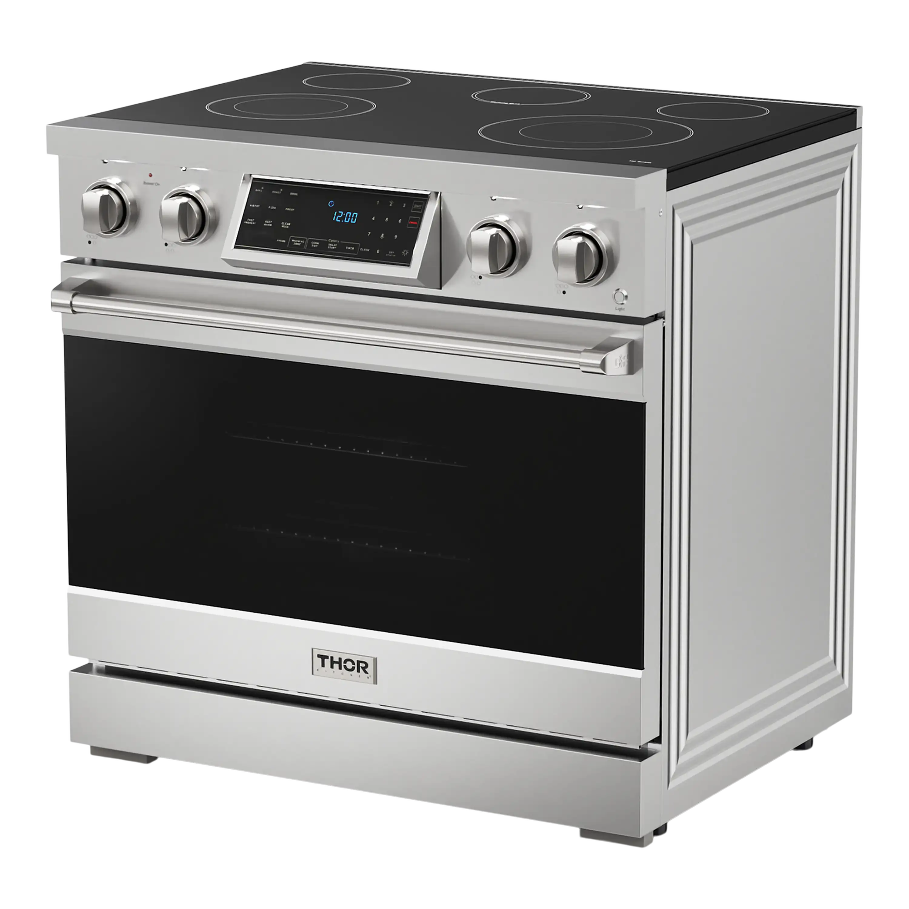 Stainless steel electric range with control panel, oven door, and burner circles