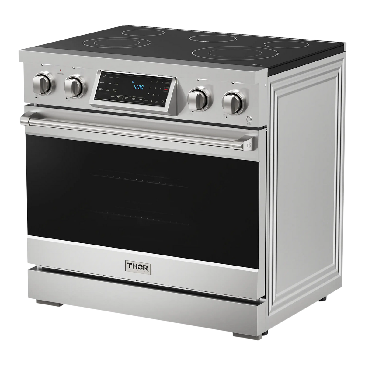 Stainless 36-inch electric range with radiant cooktop, control display, and large oven door