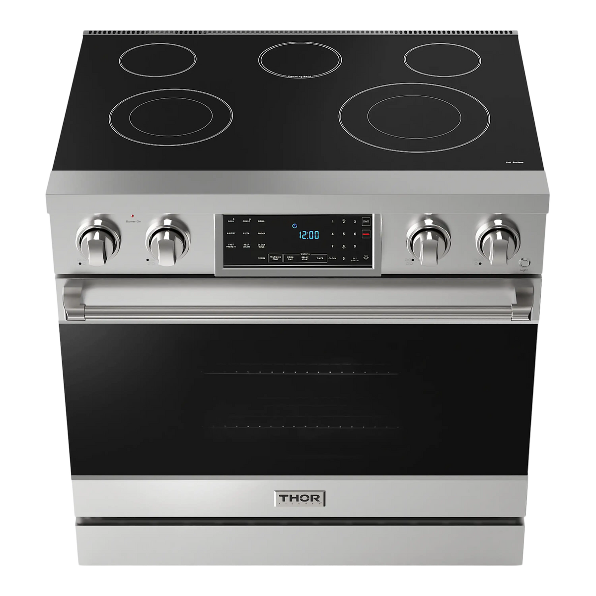 Stainless electric range cooktop with five radiant elements and central control panel