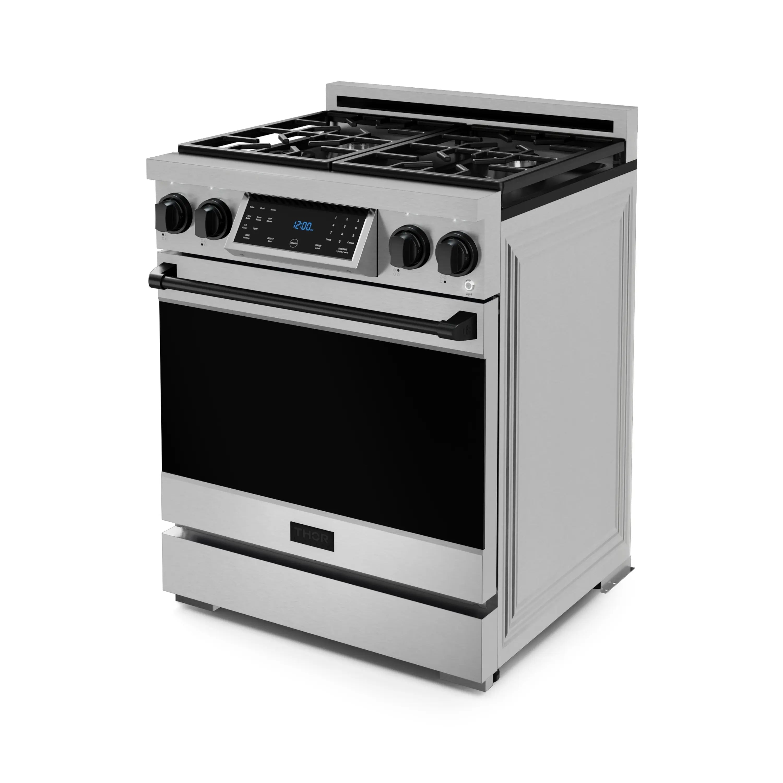 Stainless gas range with black oven door, front handle, and four burner grates
