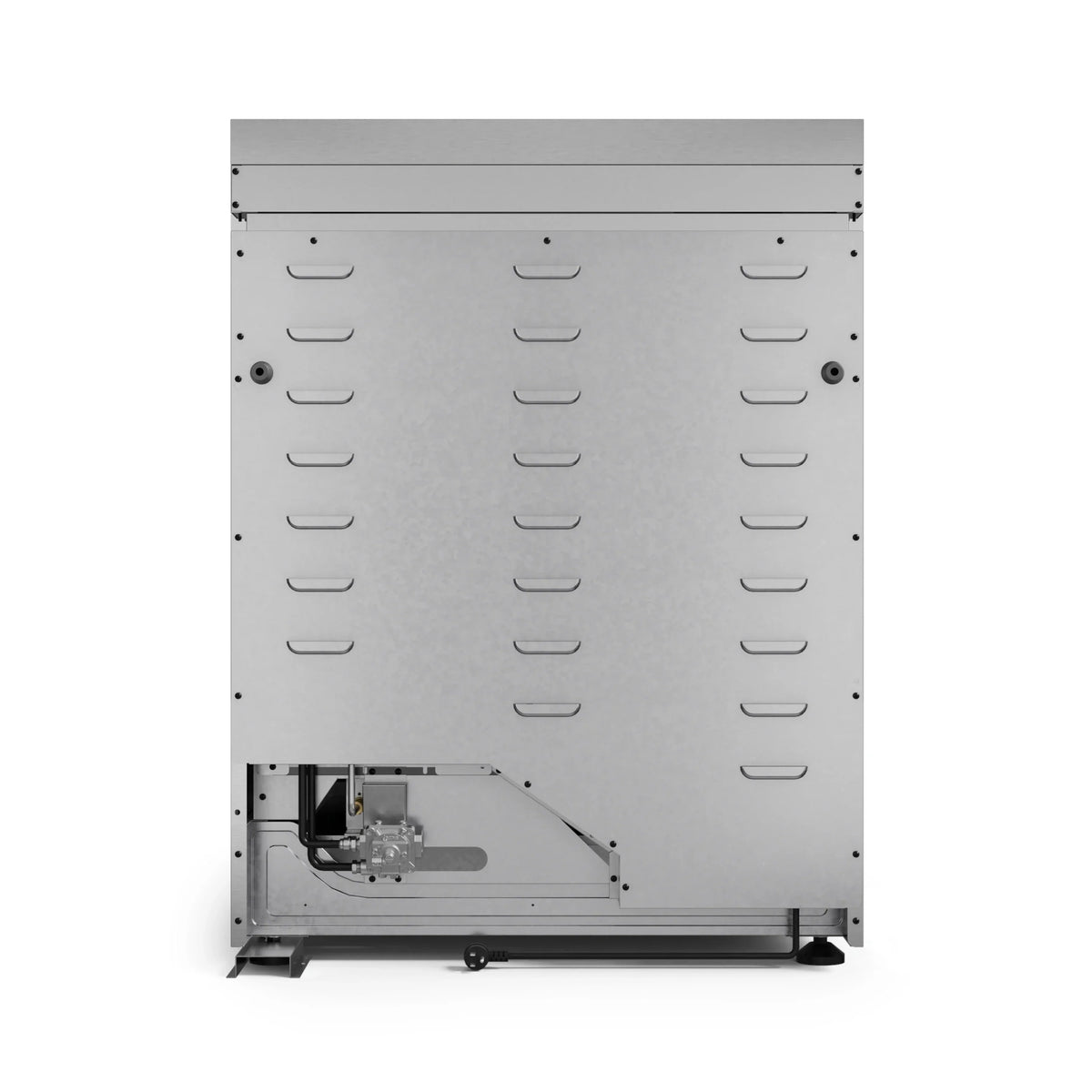 Stainless oven interior base with vented back panel and mounted heating component