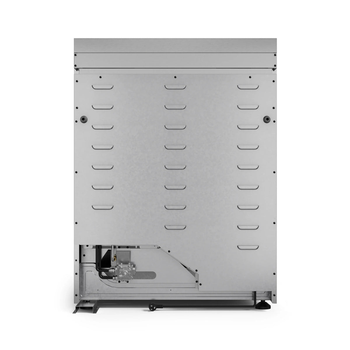Stainless steel range rear access panel with burner openings and wiring