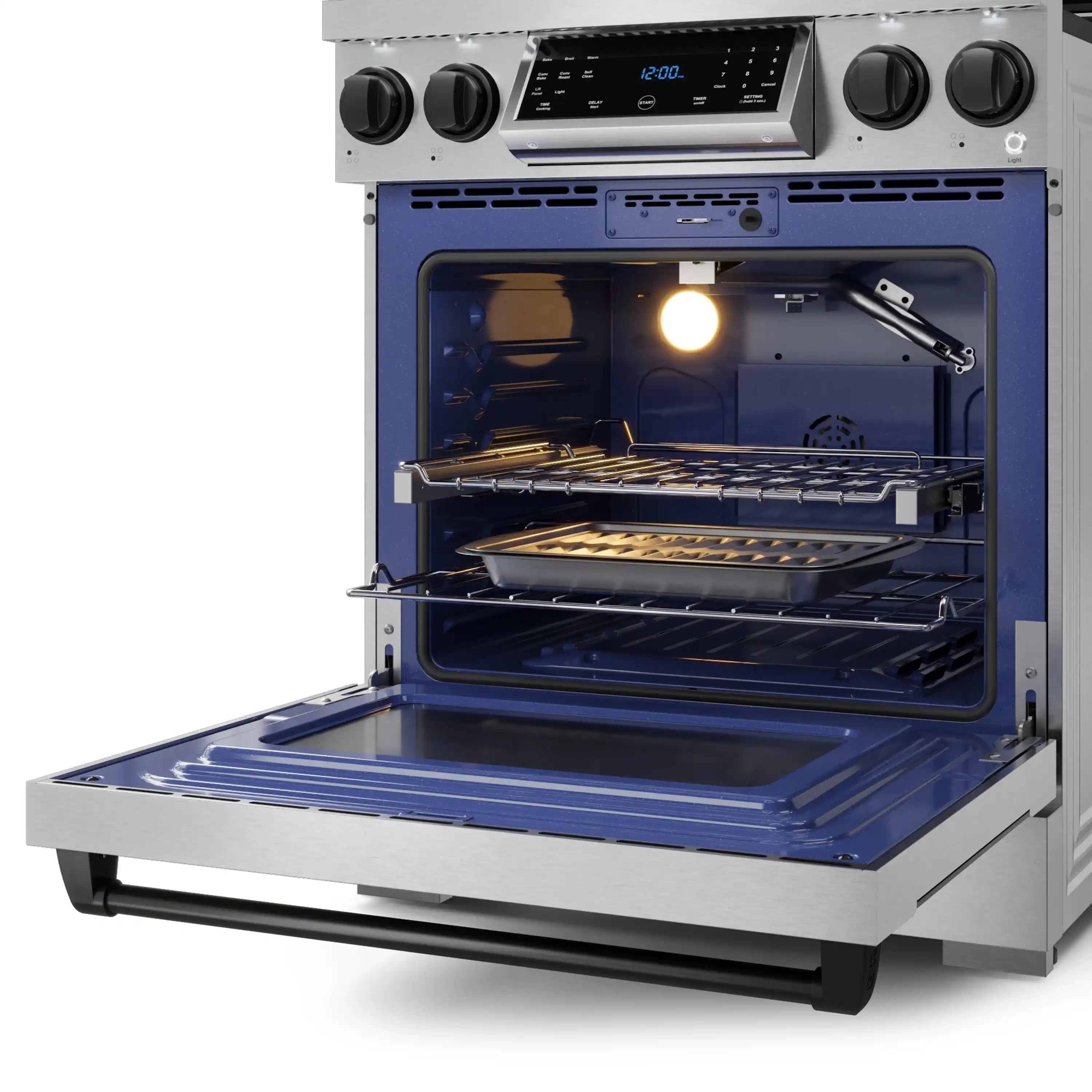 Stainless gas oven with open door, blue interior liner, and wire cooking racks