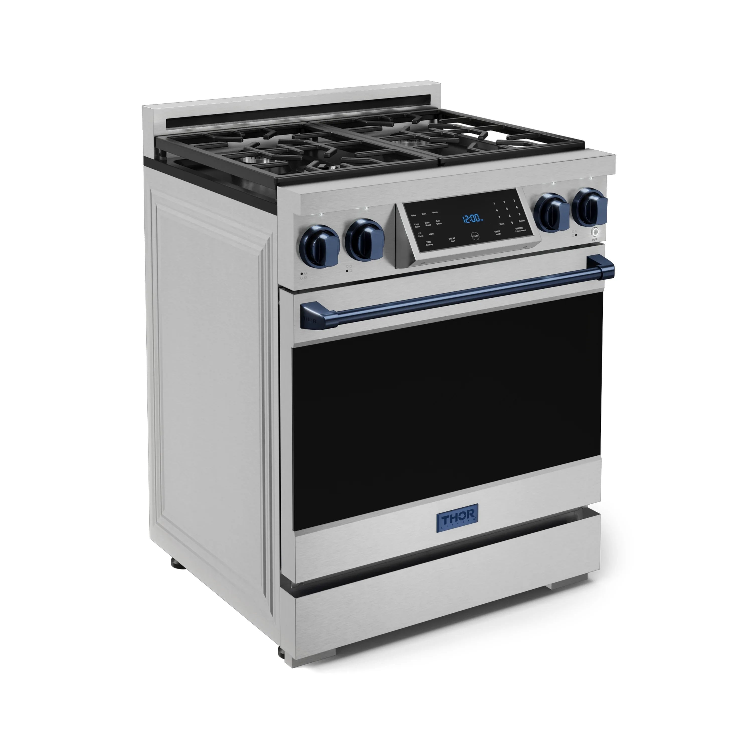 Stainless 30-inch gas range with navy control panel, four burners, and closed oven door.