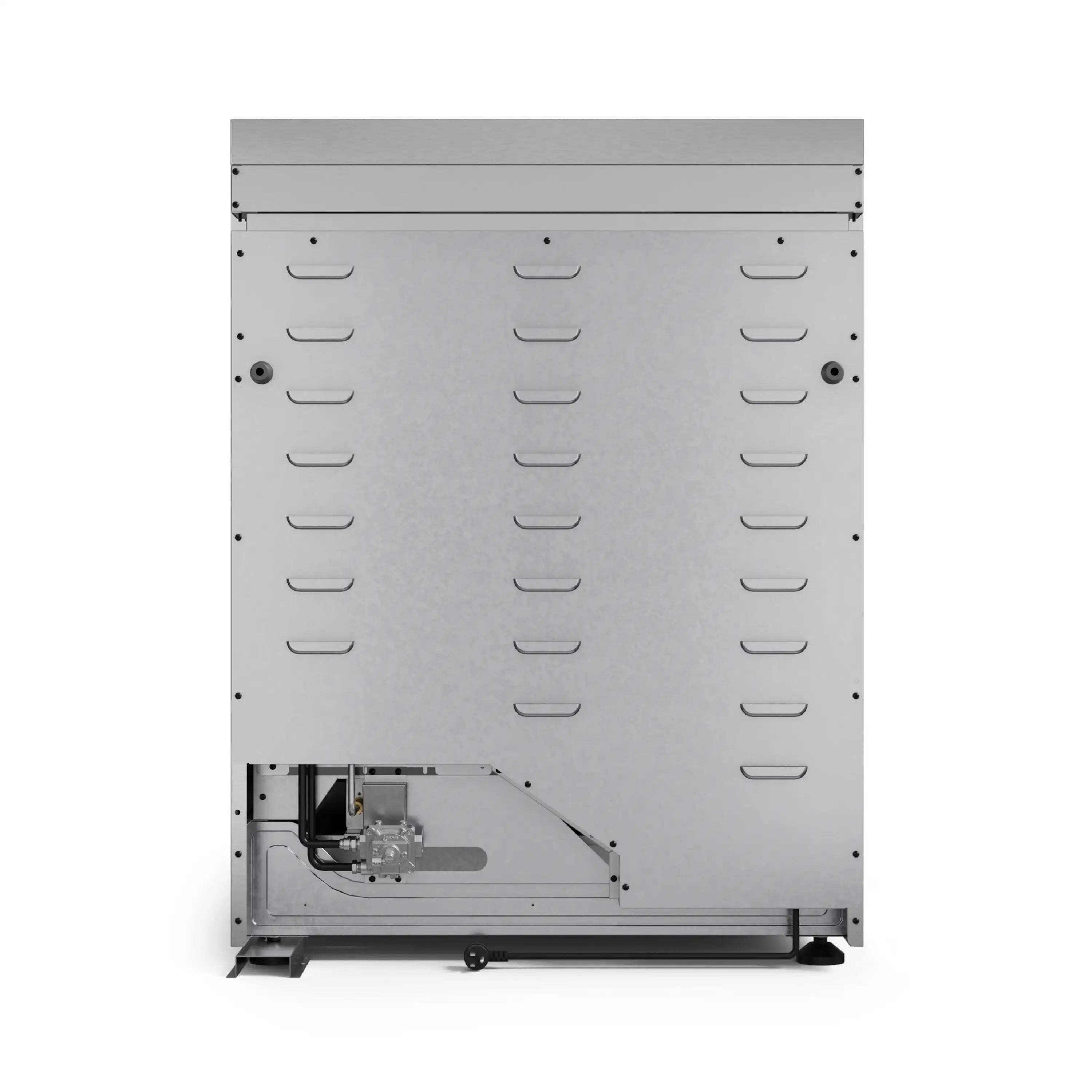 Stainless gas range rear access panel with vented plates and mounting holes