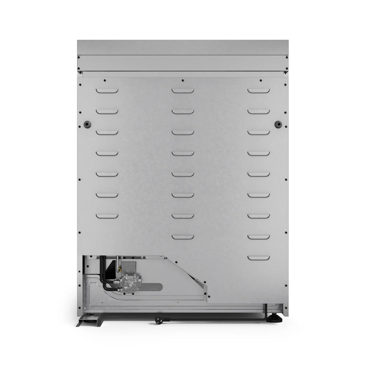 Gas range rear service panel with burner fittings and vented interior openings