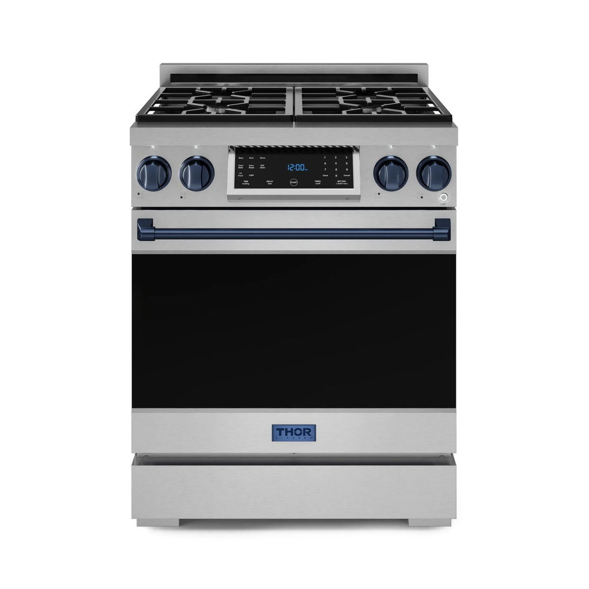Stainless propane gas range with blue trim and black cooktop with four burner grates