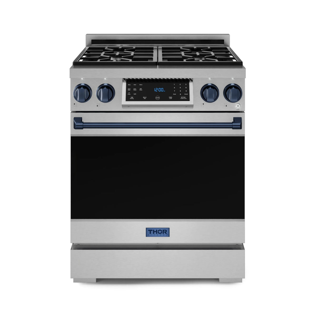 Stainless steel gas range with blue trim, black cooktop, and four front control knobs