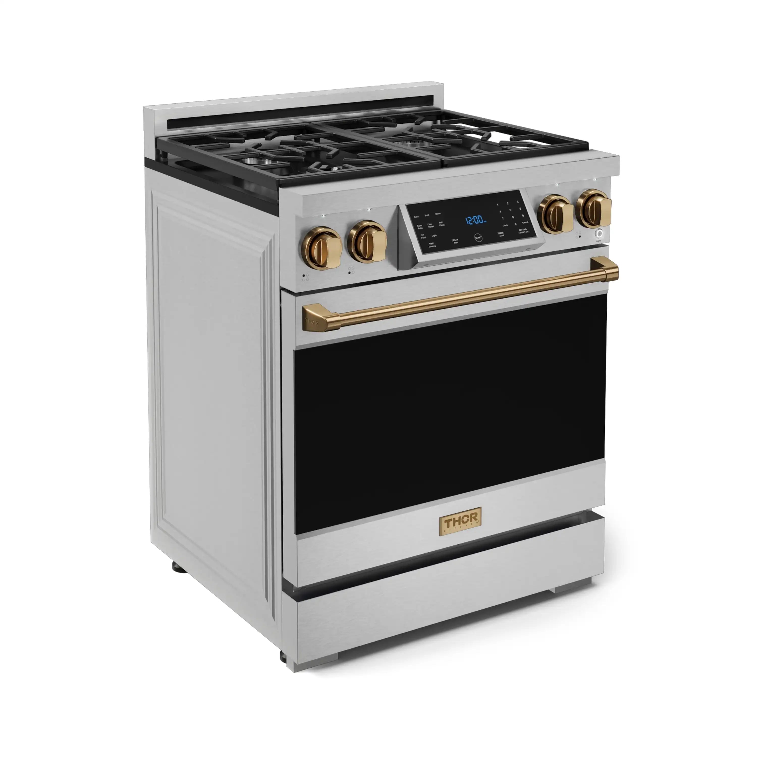 White-and-stainless gas range with bronze trim, angled view, oven door closed