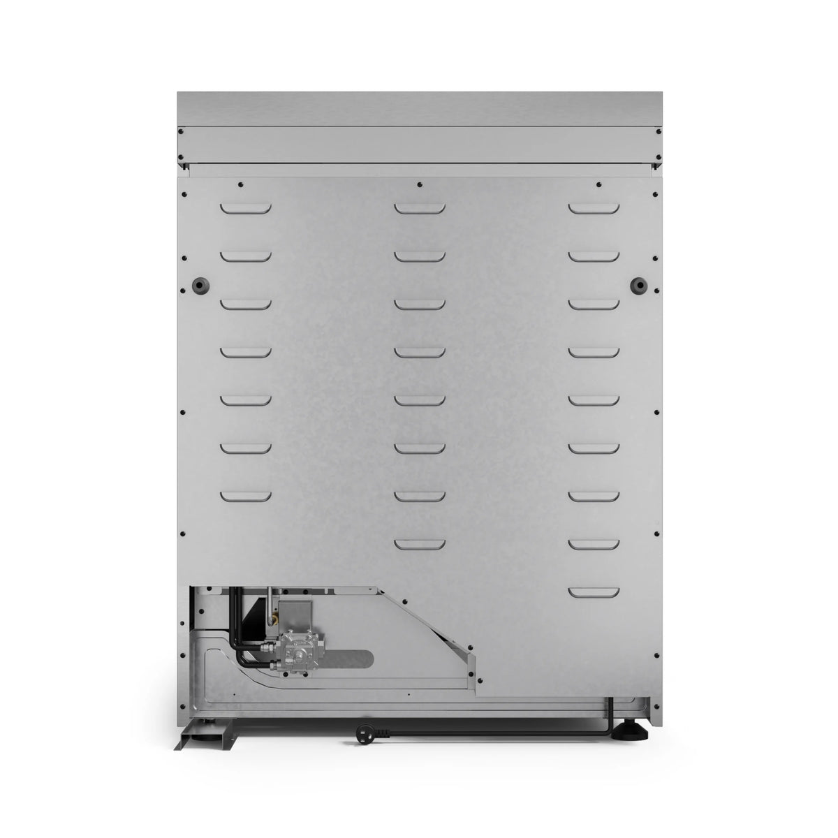 Stainless steel open oven back panel with mounted vent and control components