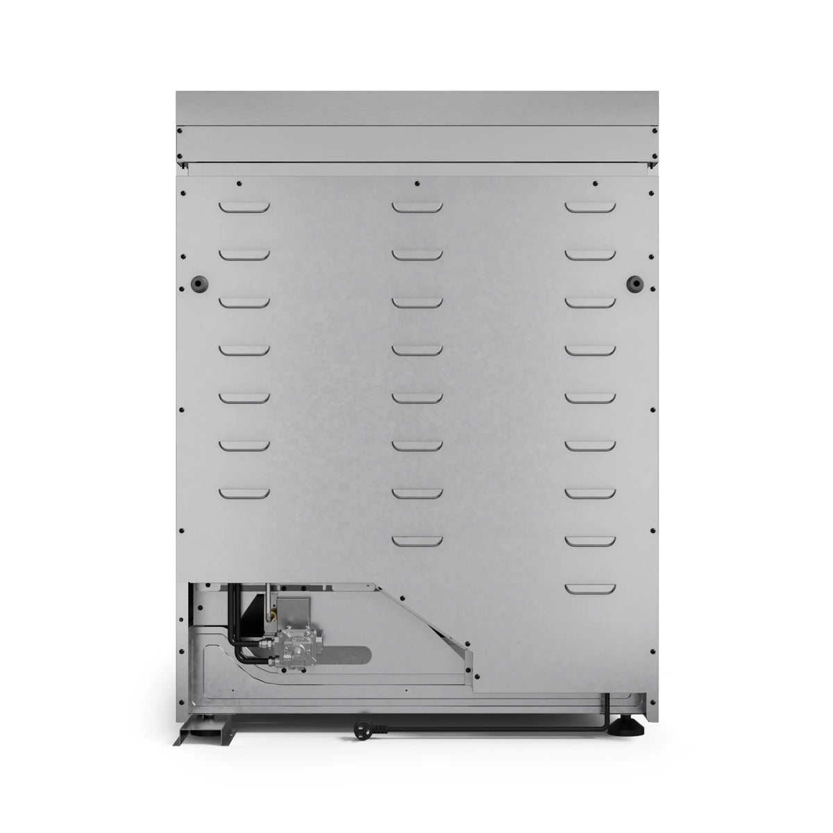 Stainless steel appliance rear panel with ventilation slots and mounting arms