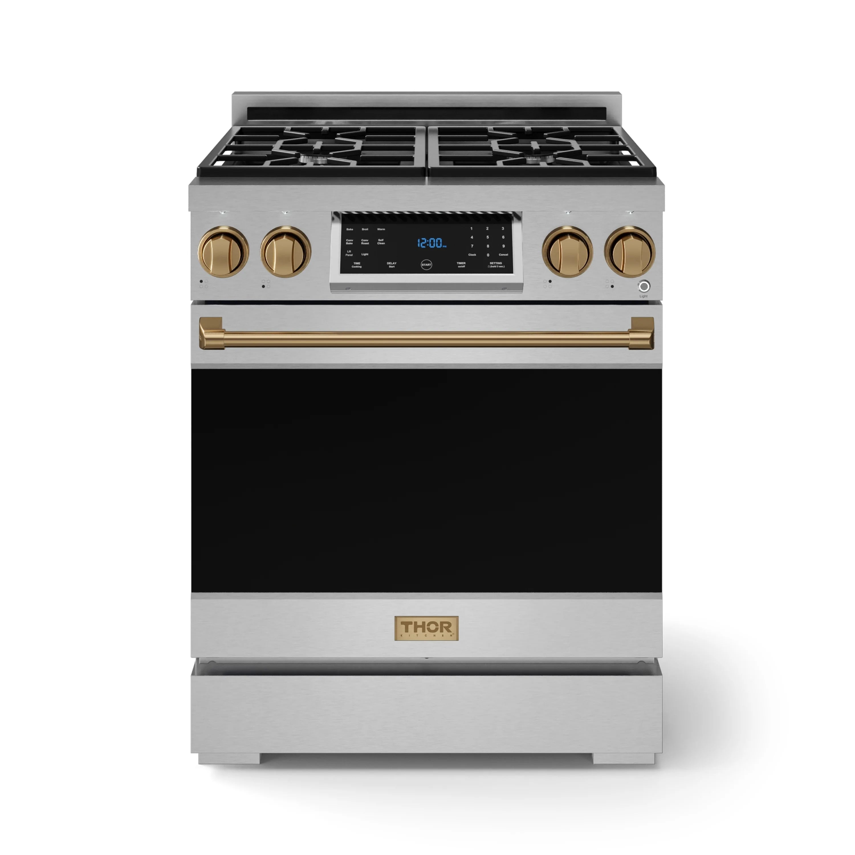 Stainless steel gas range with bronze control knobs, tilt touch display, and storage drawer.
