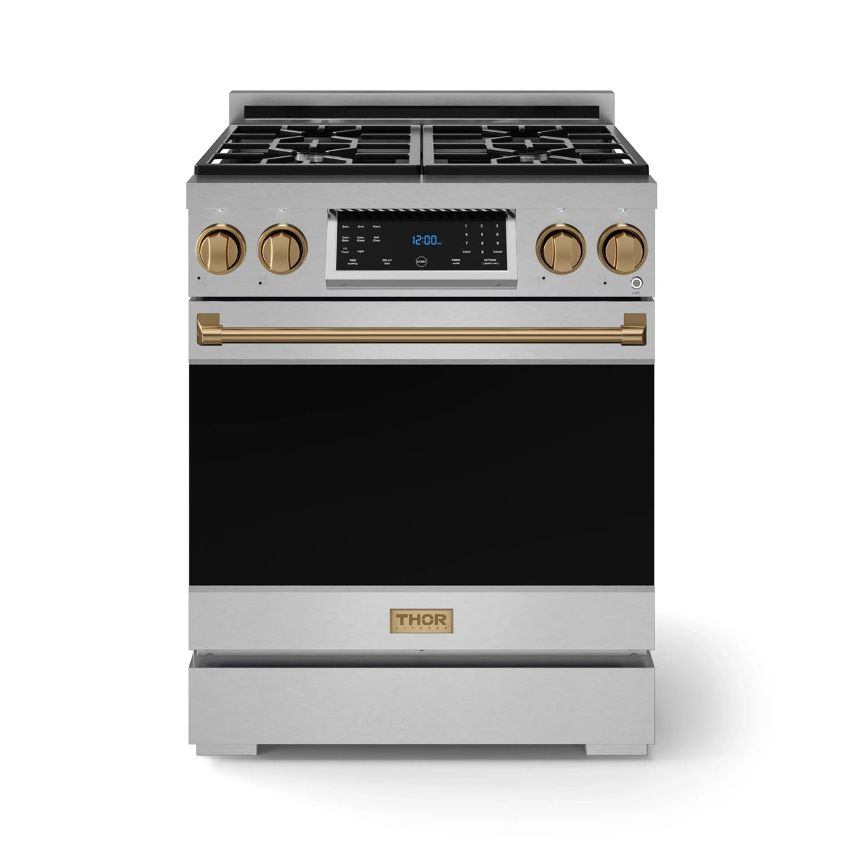 Stainless steel gas range with bronze control knobs, tilt touch display, and storage drawer.