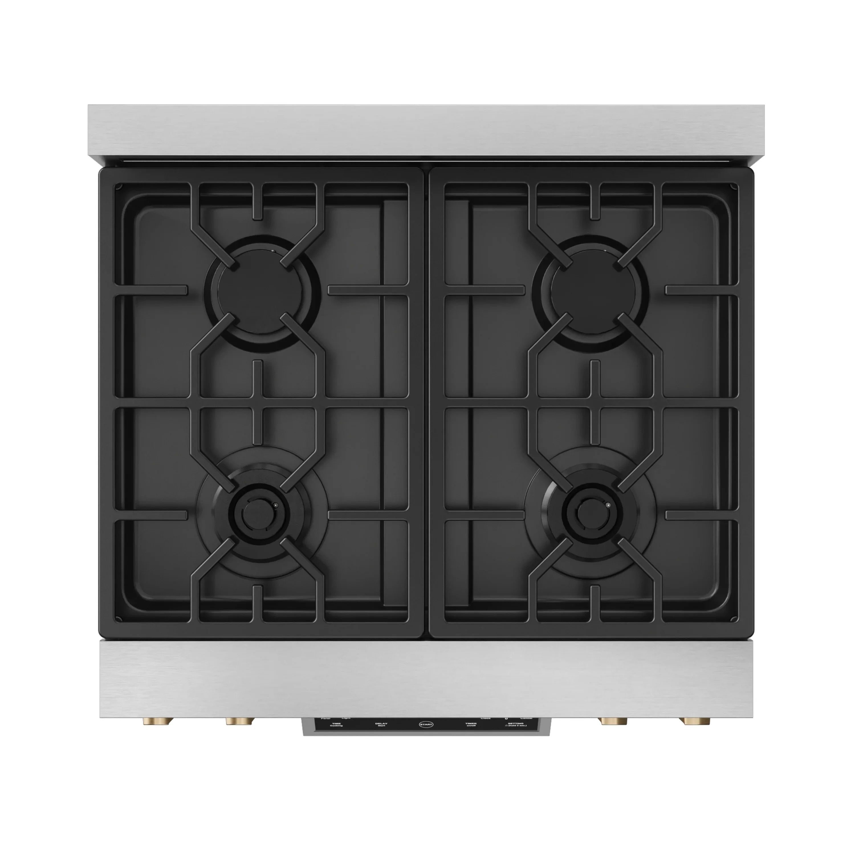 Stainless gas range cooktop with black grates, close-up