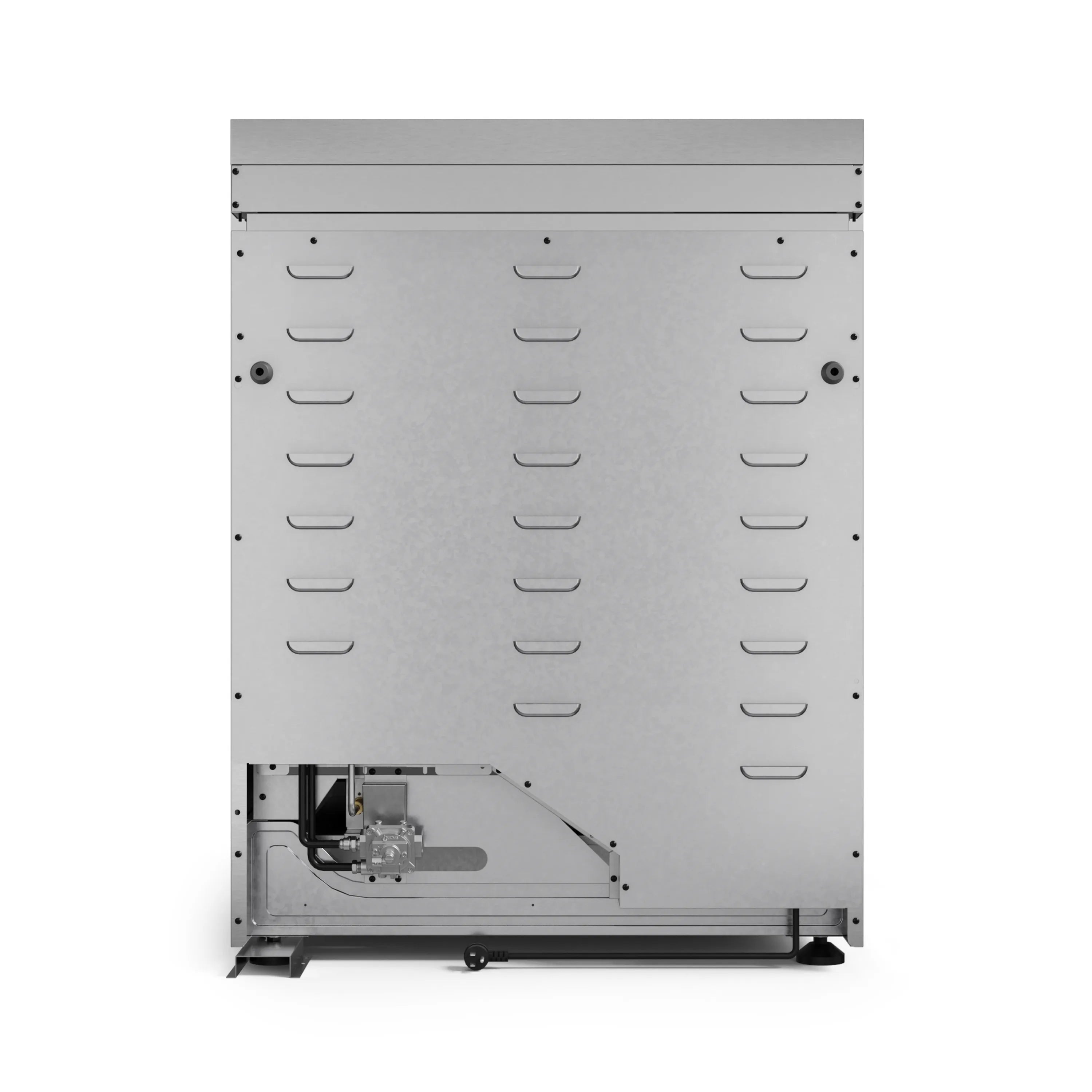 Natural gas range oven cavity with exposed burner and safety brackets, underside view