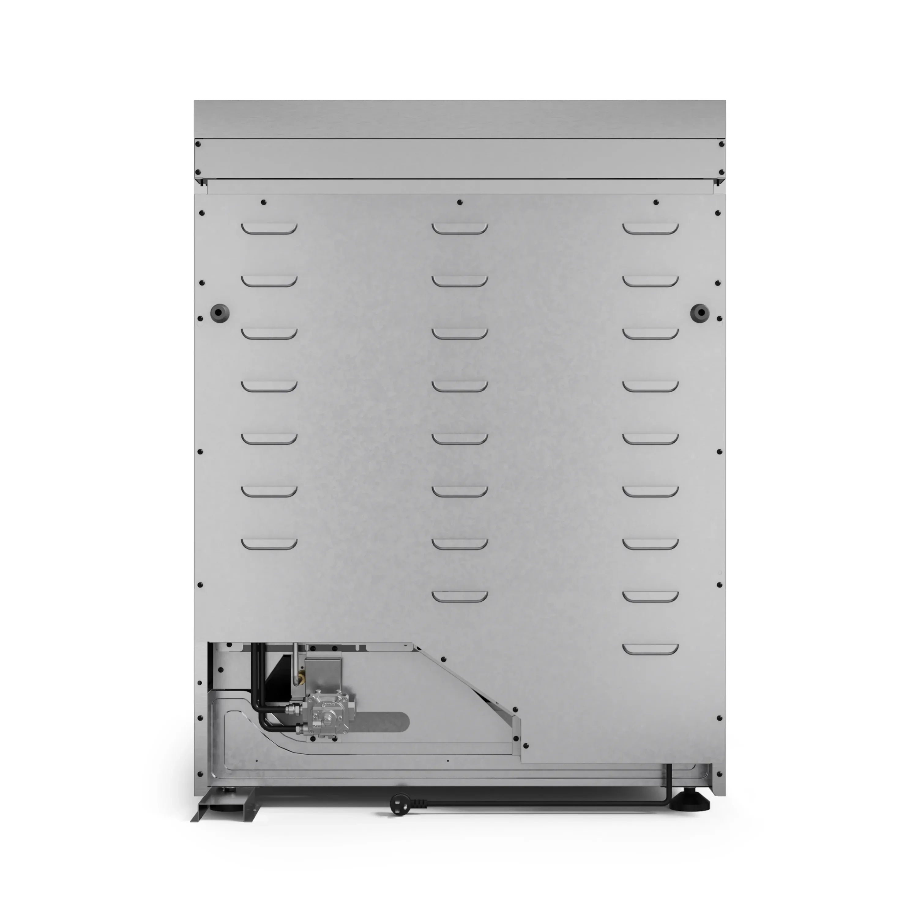 Gas range rear burner panel with rows of control knobs