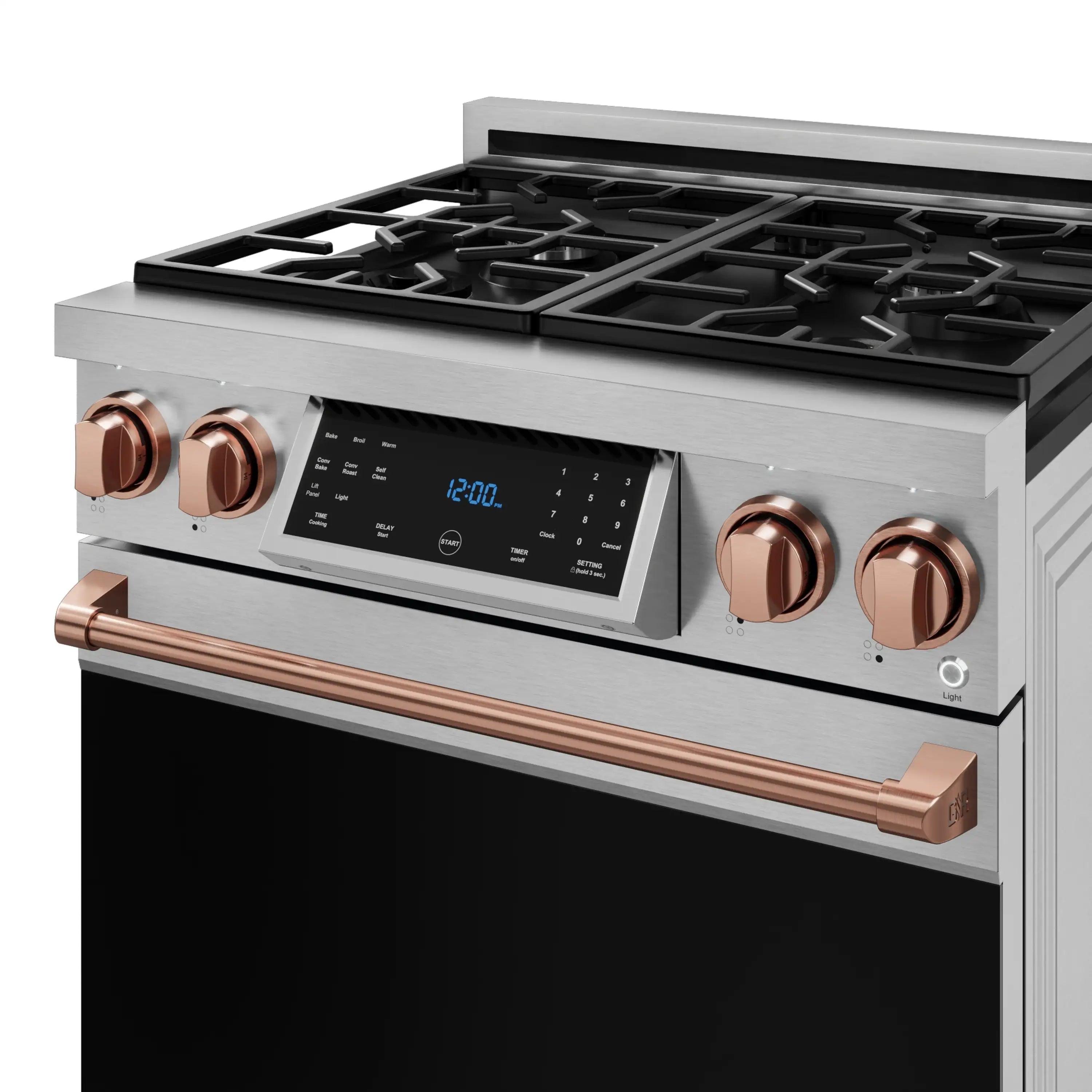 Stainless steel gas range with black grate top, rose-gold trim handle, and control display