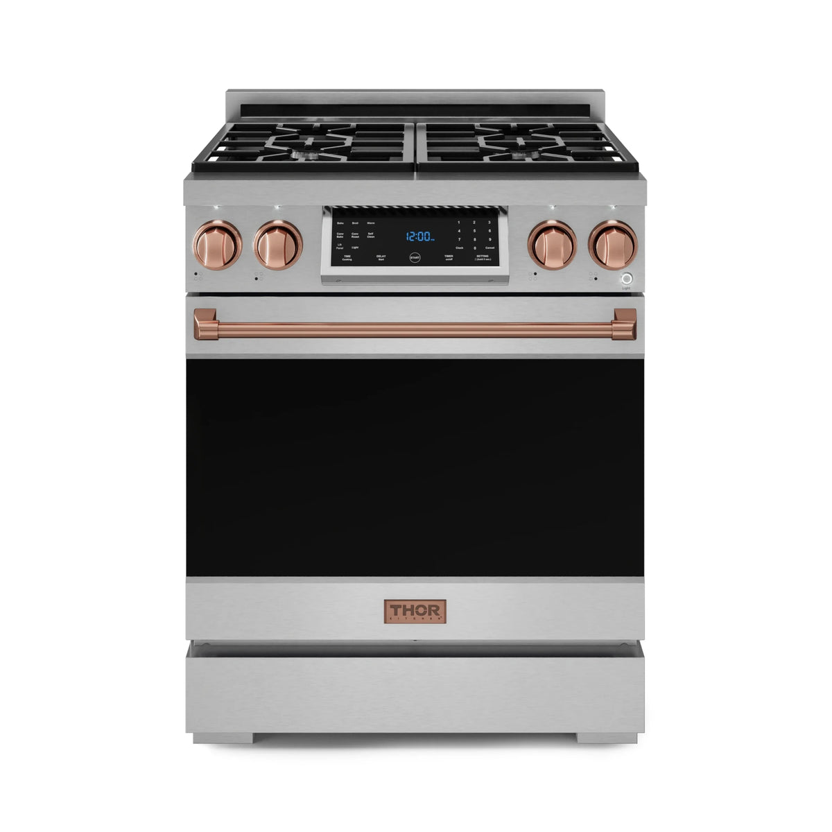 Front view of stainless steel gas range with black glass door, rose-gold handle and knobs