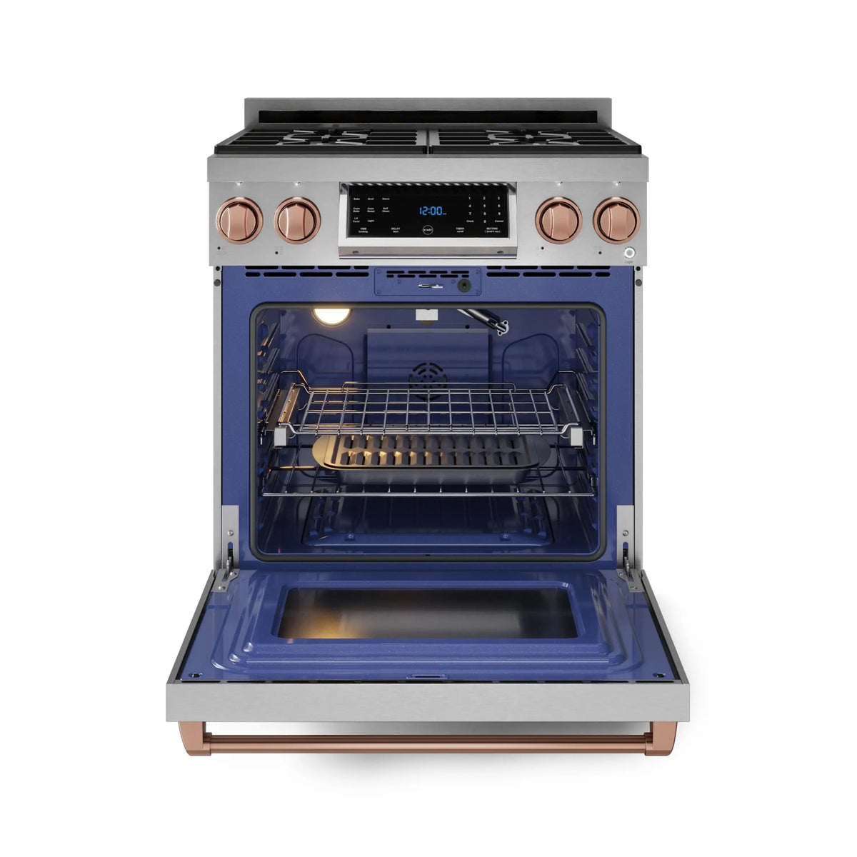 Stainless steel gas range with oven door open, showing blue interior and rose gold controls