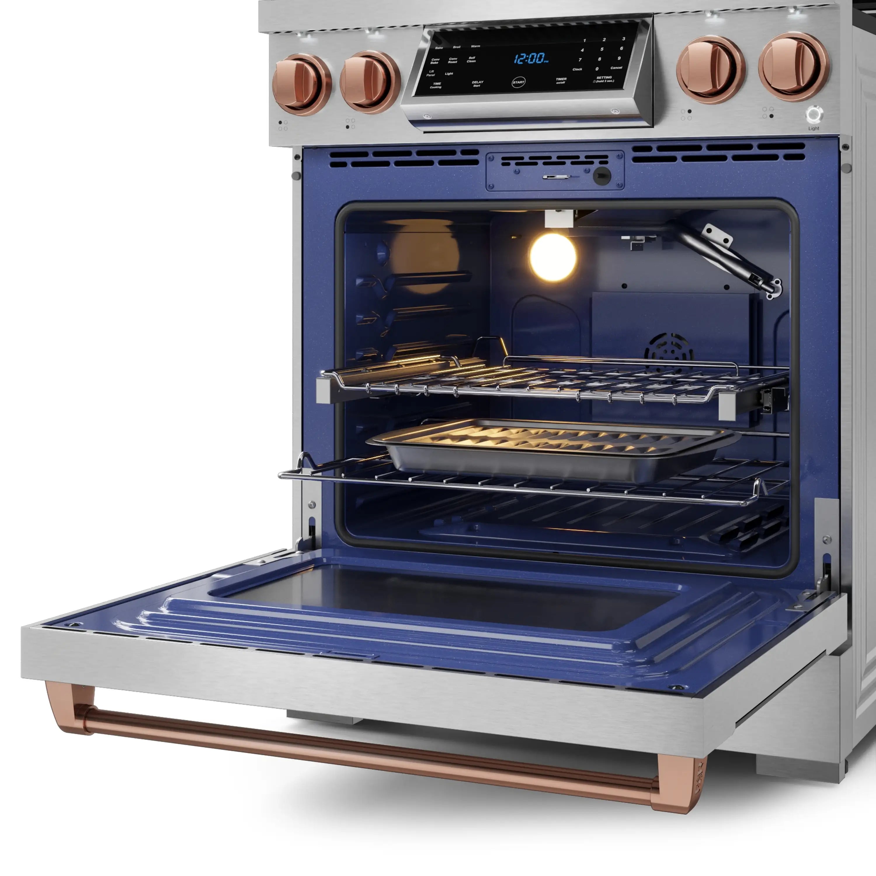 Stainless steel gas range oven with open door, blue interior light, and rose gold handle