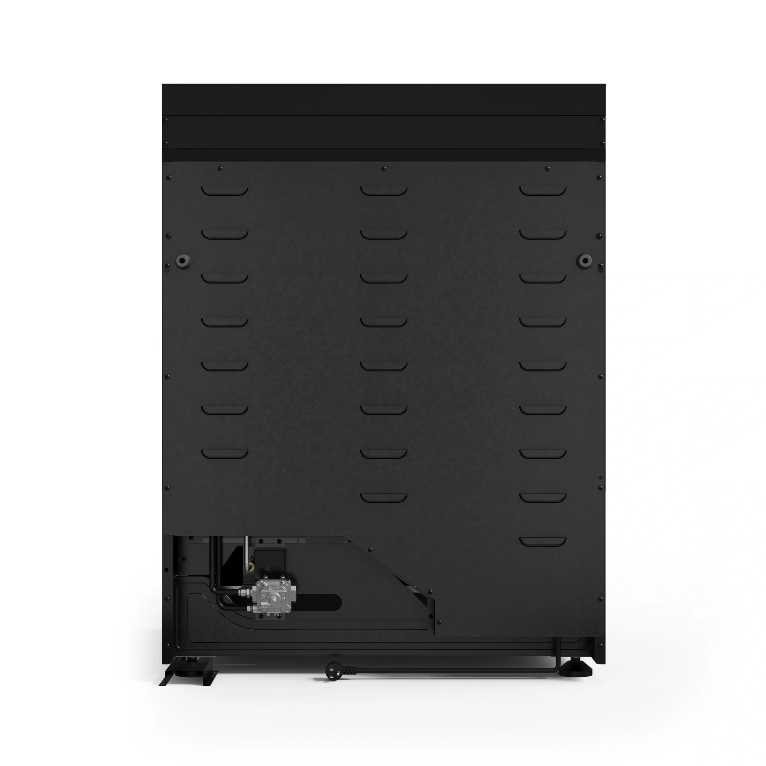 Black oven interior panel with vent holes and circular thermostat dial
