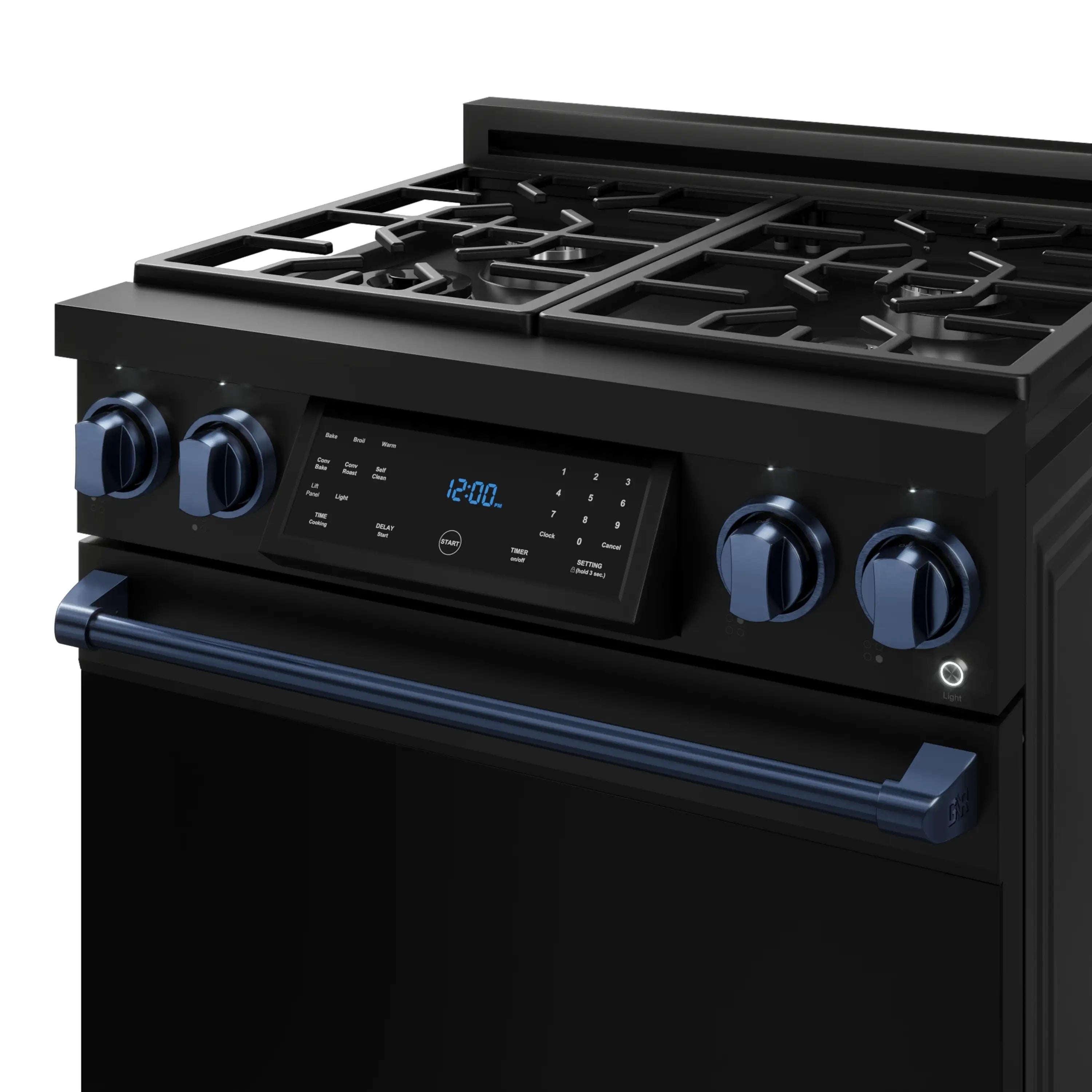 Black gas range front control panel with blue knobs and digital display