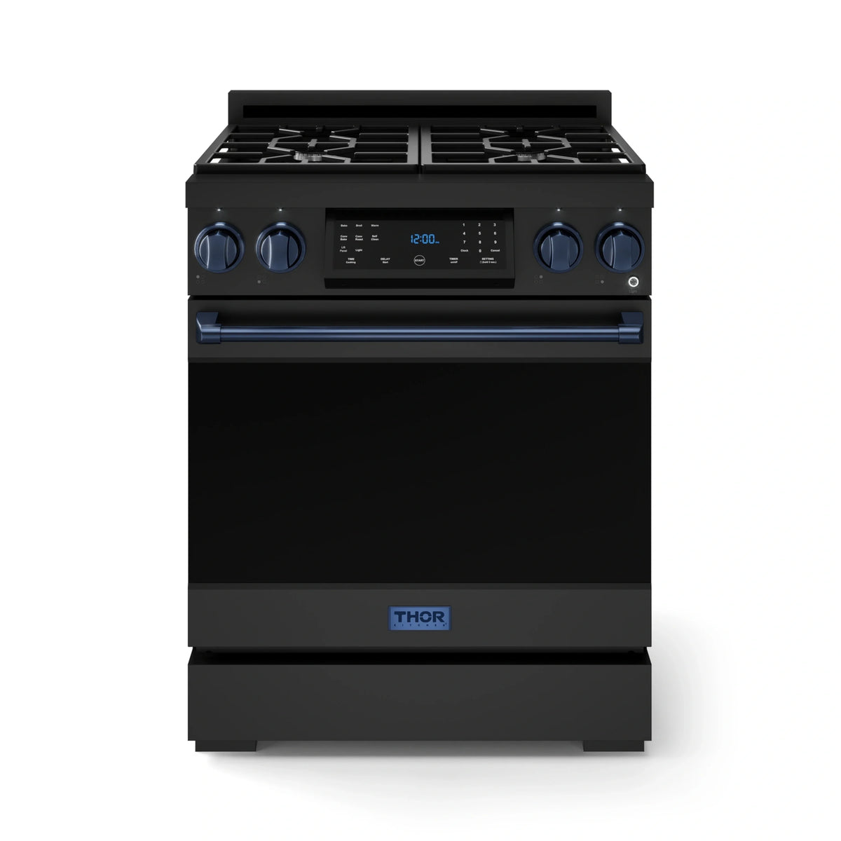 Black propane gas range with blue control trim and four-burner cooktop