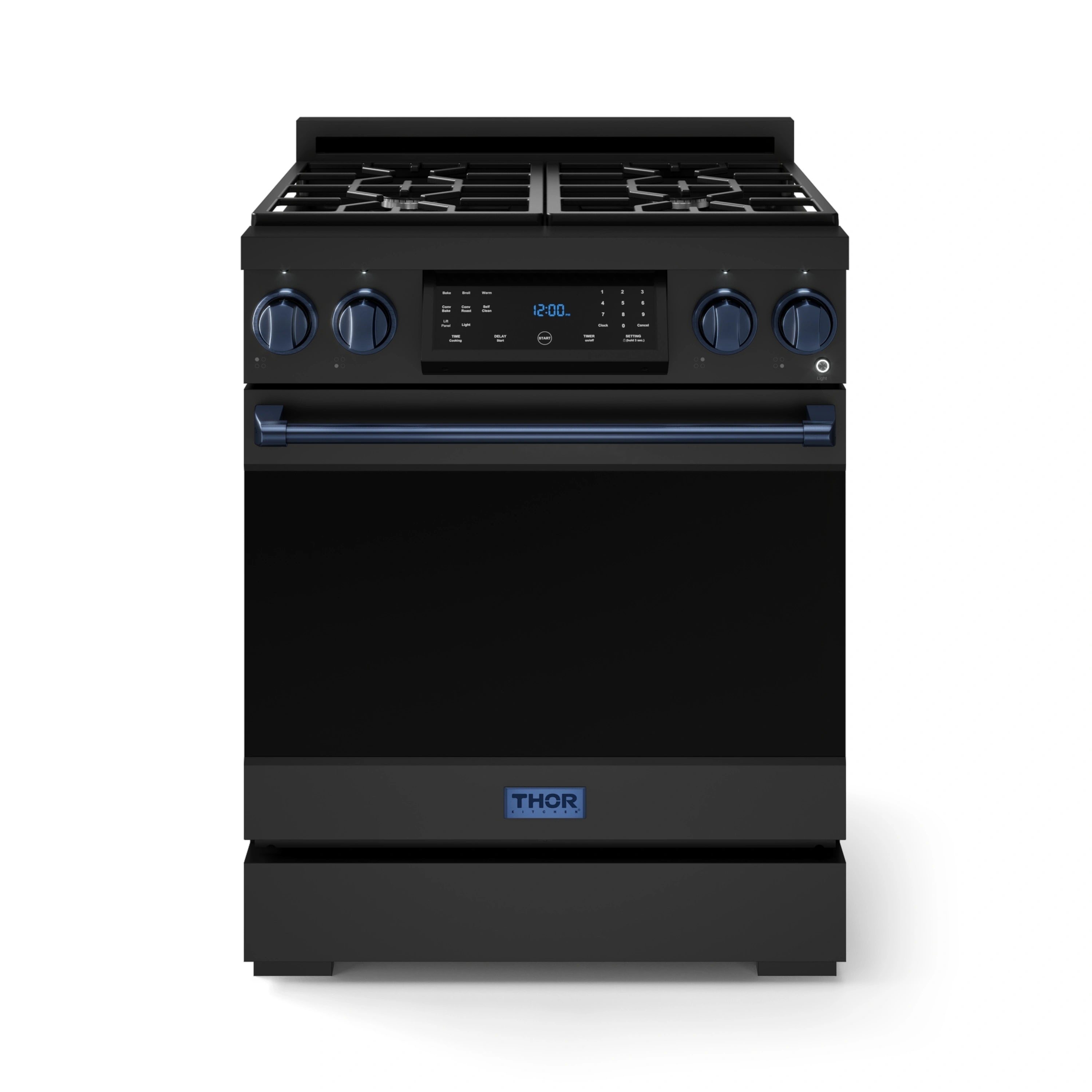 Black gas range with blue knobs, stainless handle, and centered control display