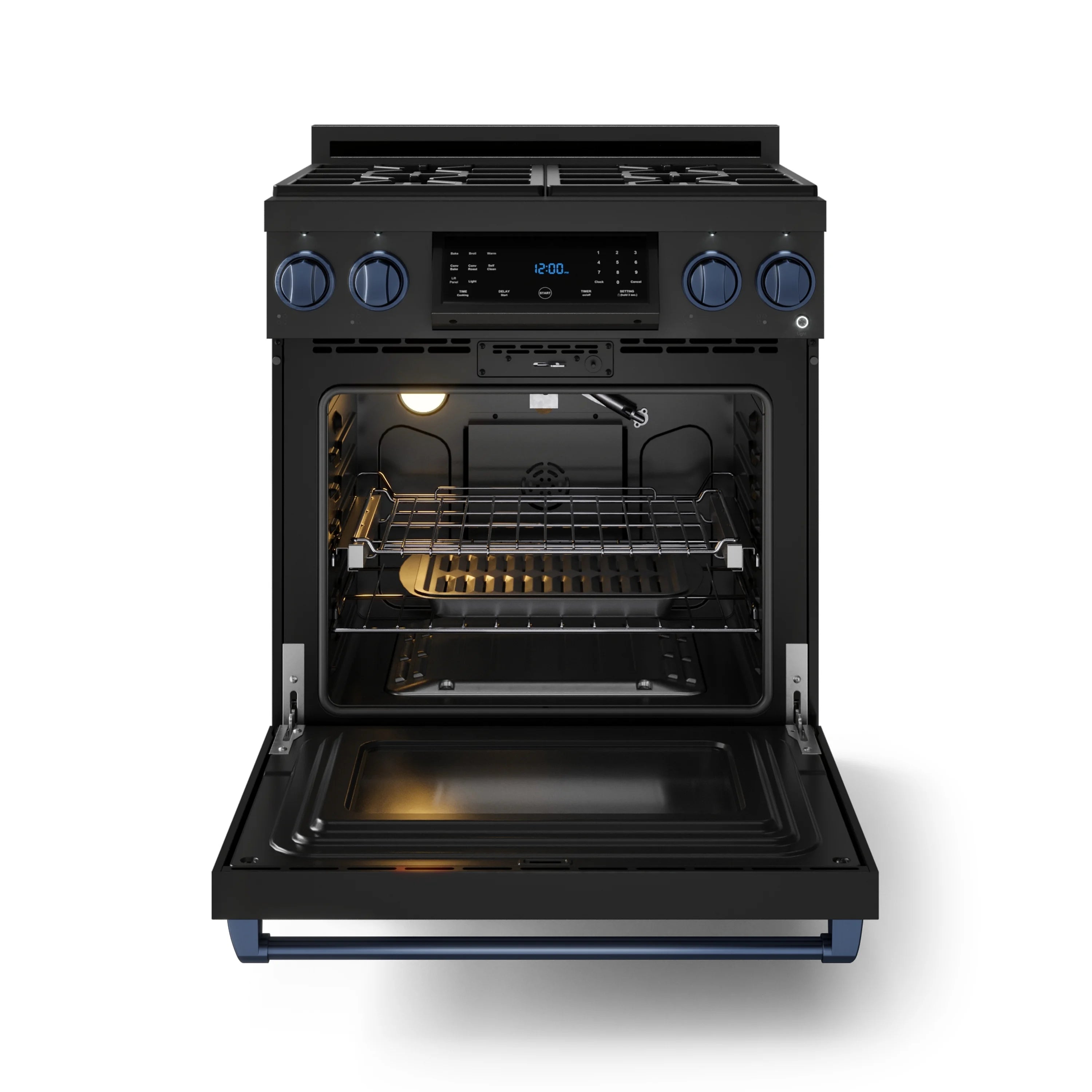 Black gas range with open oven door, illuminated interior racks, and burner
