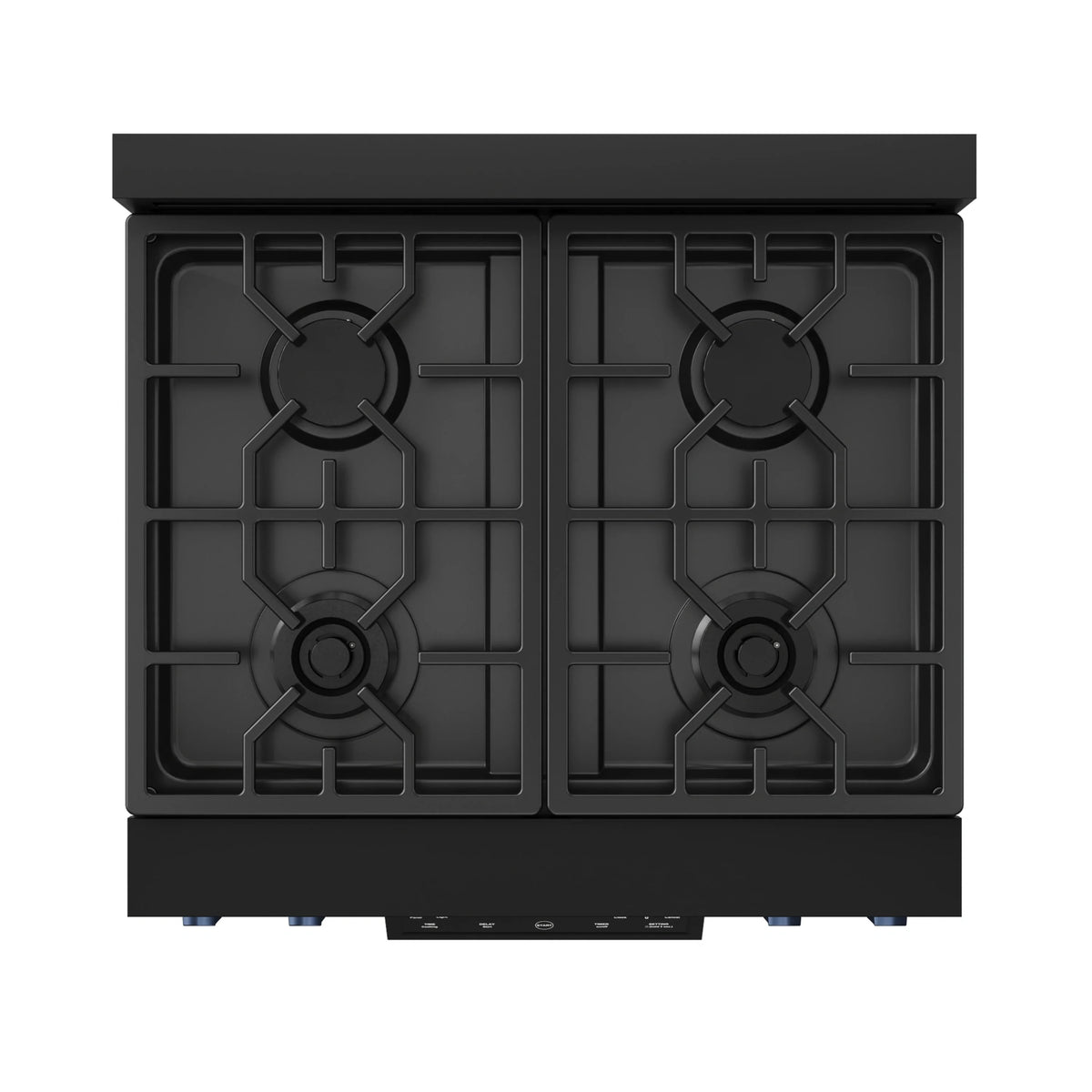 Black gas cooktop with four burner grates in a two-zone layout