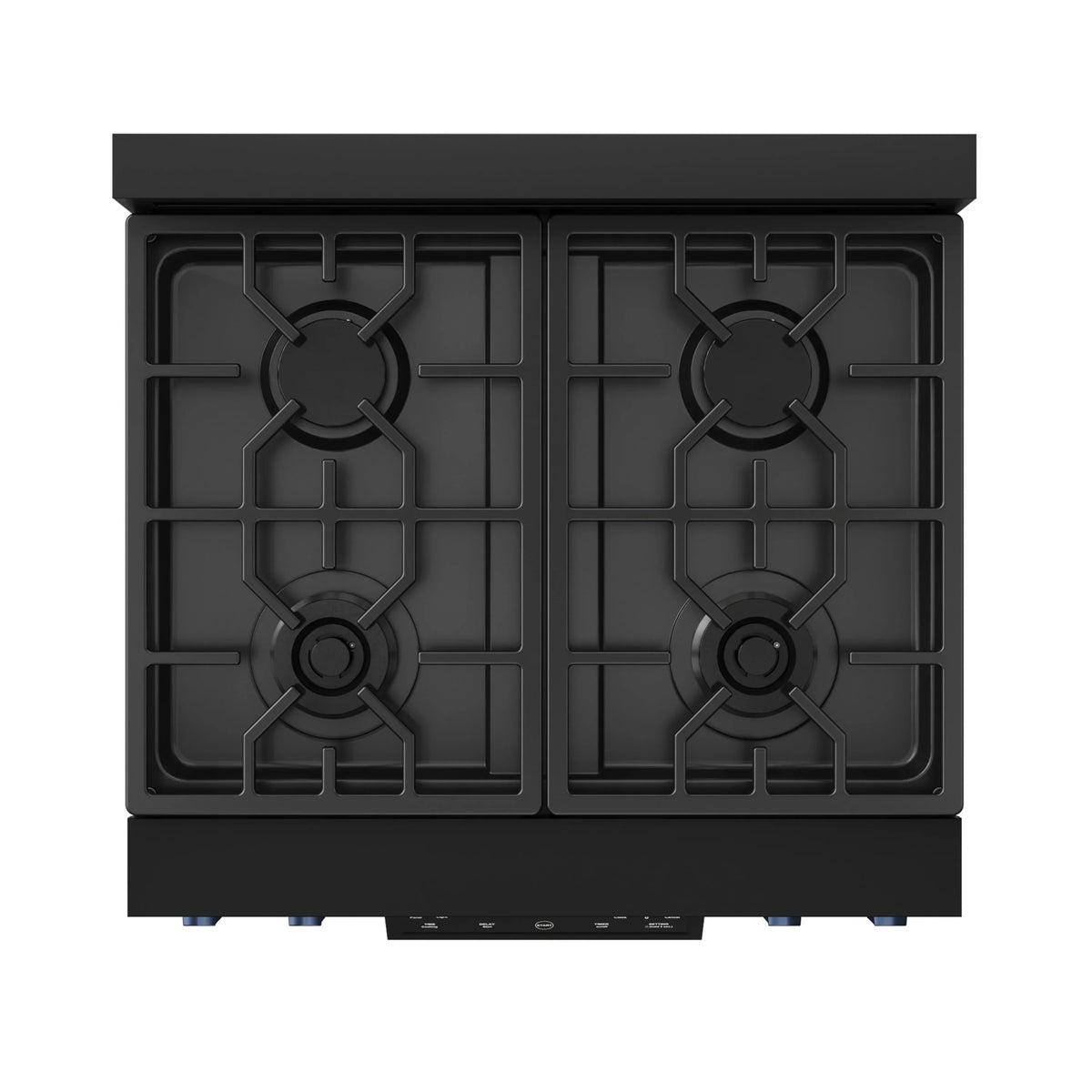 Black gas range cooktop with four burner grates and control knobs
