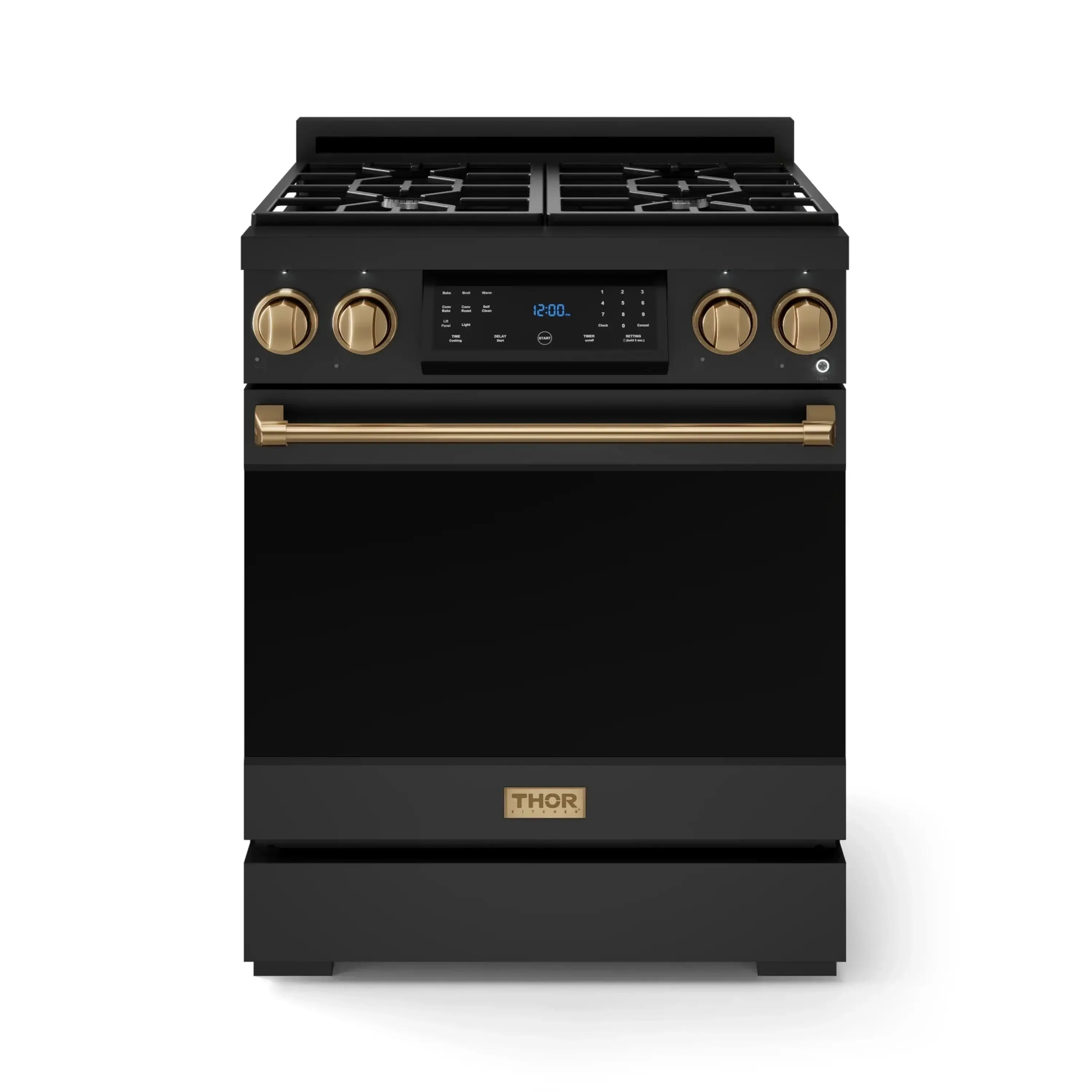 Black gas range with bronze control knobs and long front oven handle