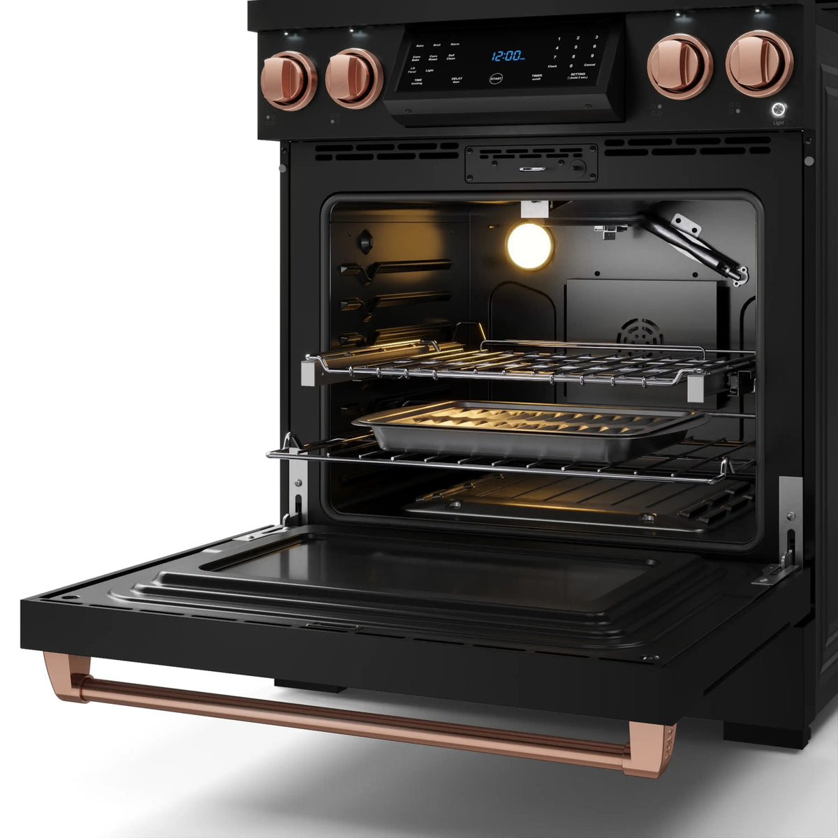Black oven cavity with baking rack and warm light, gas range door open